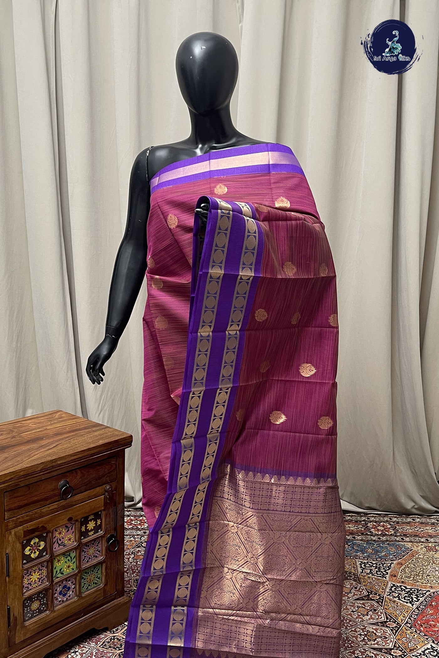 Purple Budget Semi Silk Cotton Saree With Zari Buttas Pattern