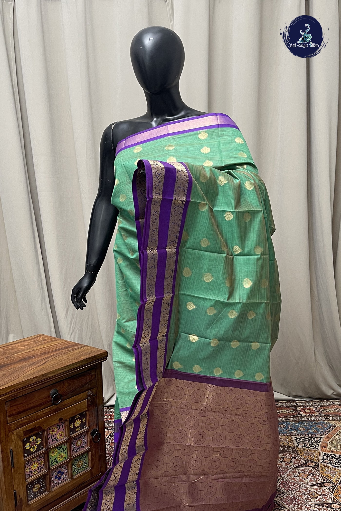 Green Budget Semi Silk Cotton Saree With Zari Buttas Pattern