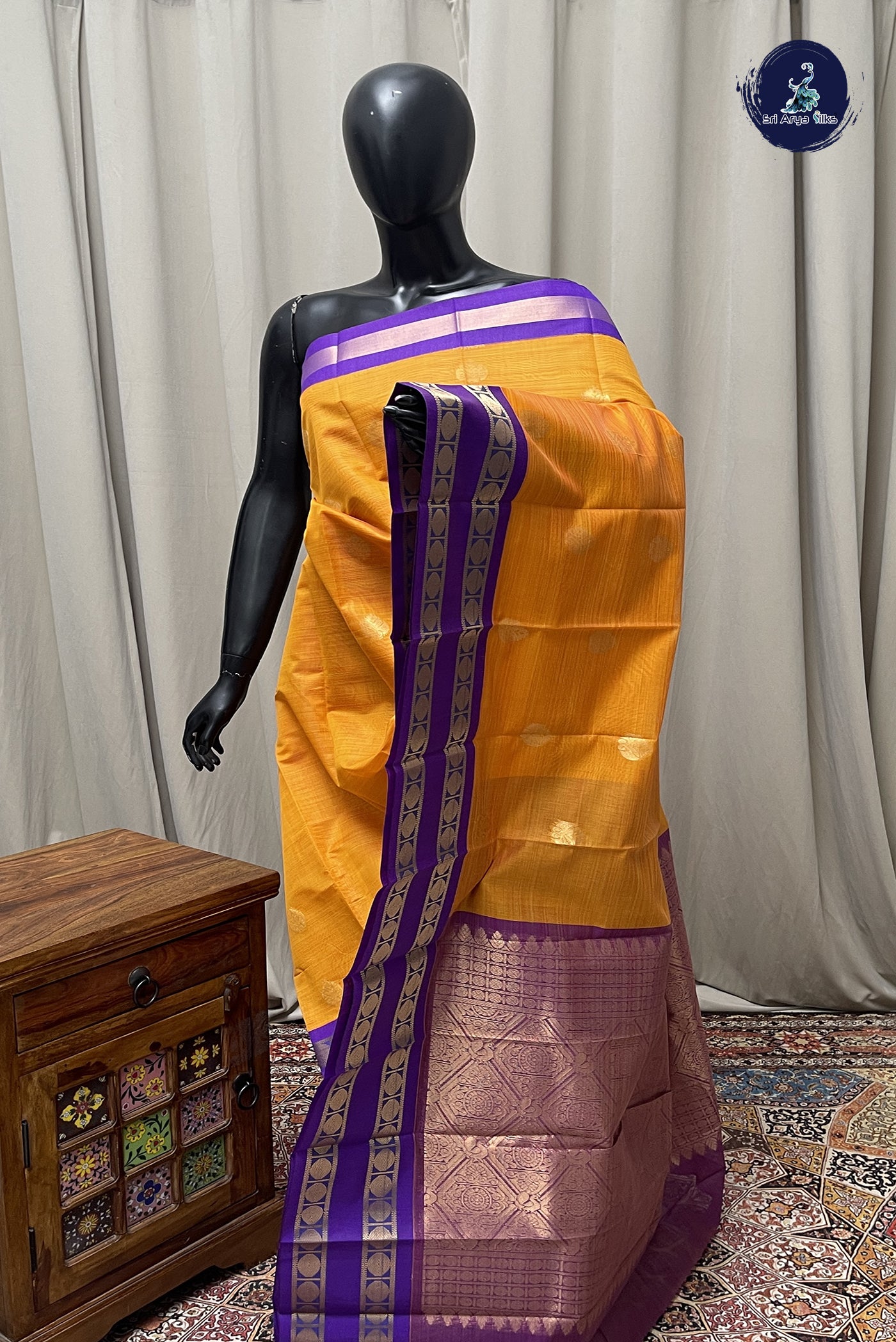 Mango Yellow Budget Semi Silk Cotton Saree With Zari Buttas Pattern