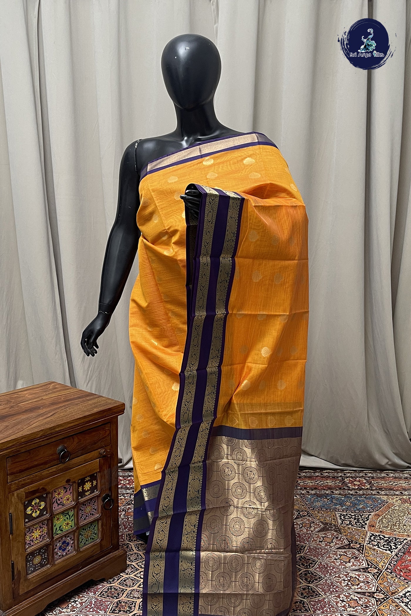 Mango Yellow Budget Semi Silk Cotton Saree With Zari Buttas Pattern
