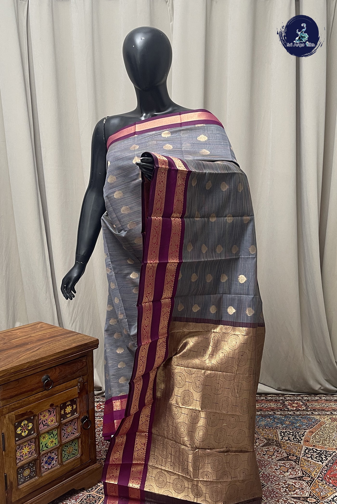 Dual Tone Grey Budget Semi Silk Cotton Saree With Zari Buttas Pattern