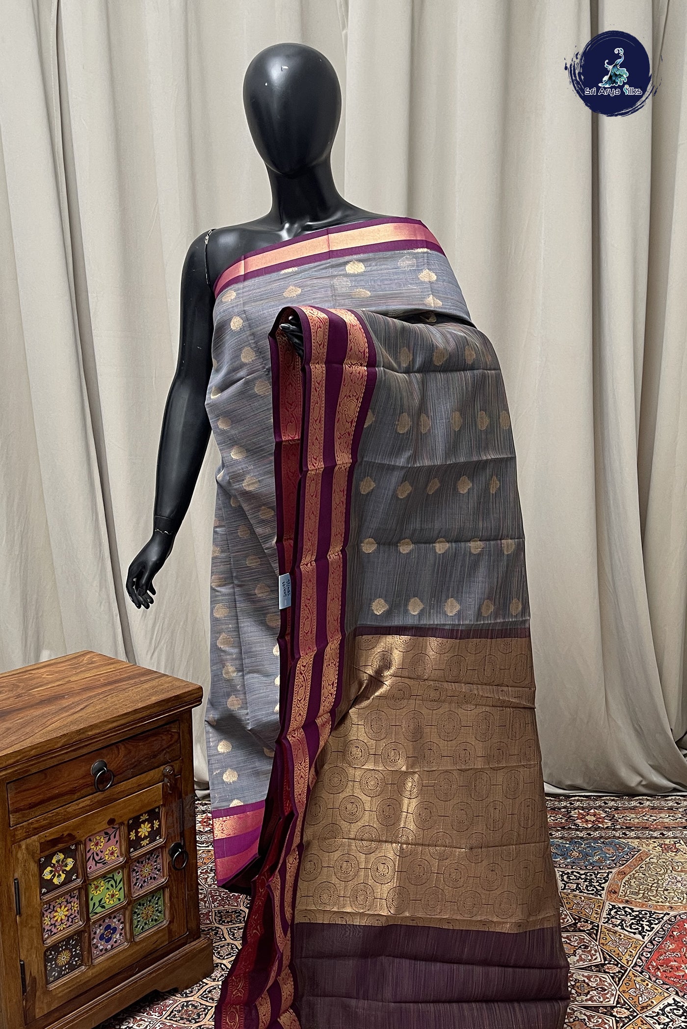 Dual Tone Grey Budget Semi Silk Cotton Saree With Zari Buttas Pattern