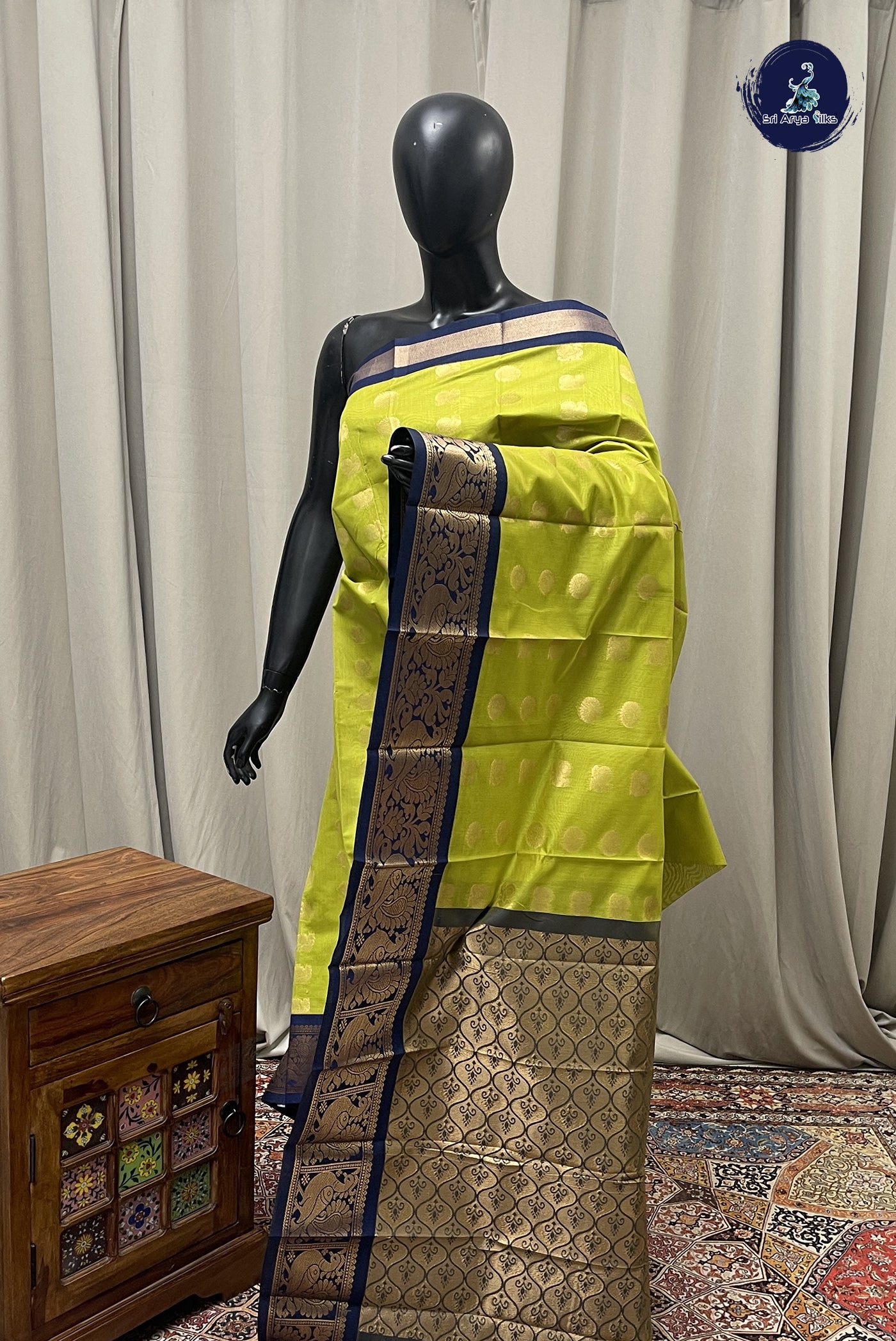 Lime Green Budget Semi Silk Cotton Saree With Zari Buttas Pattern