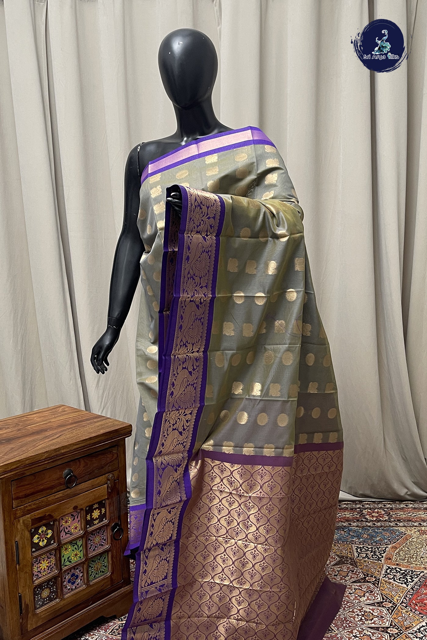Grey Budget Semi Silk Cotton Saree With Zari Buttas Pattern