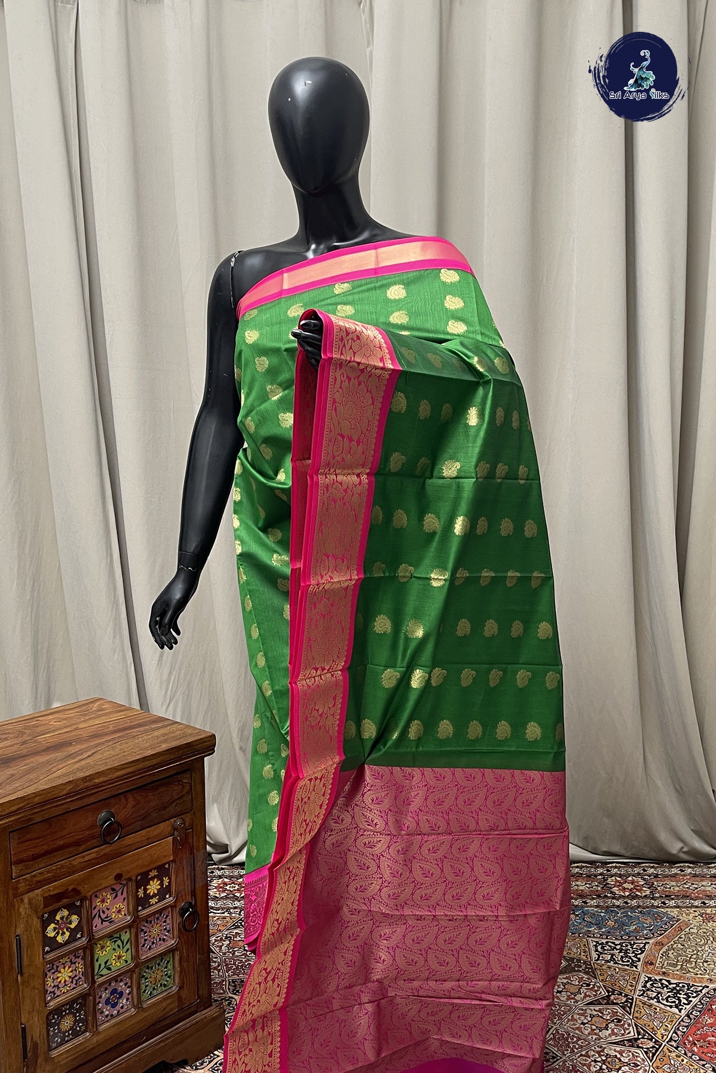 Green Budget Semi Silk Cotton Saree With Zari Buttas Pattern