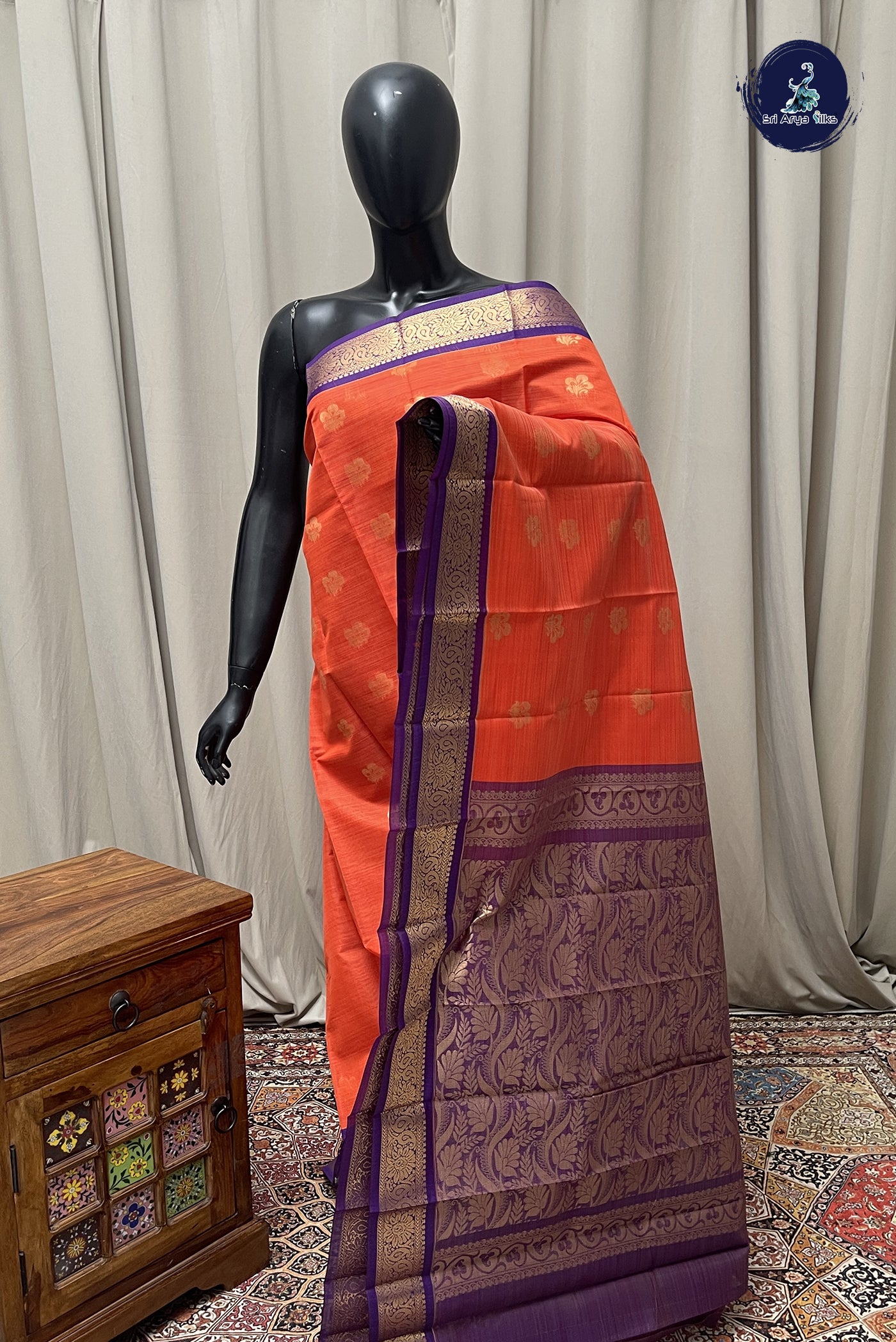 Orange Budget Semi Silk Cotton Saree With Zari Buttas Pattern