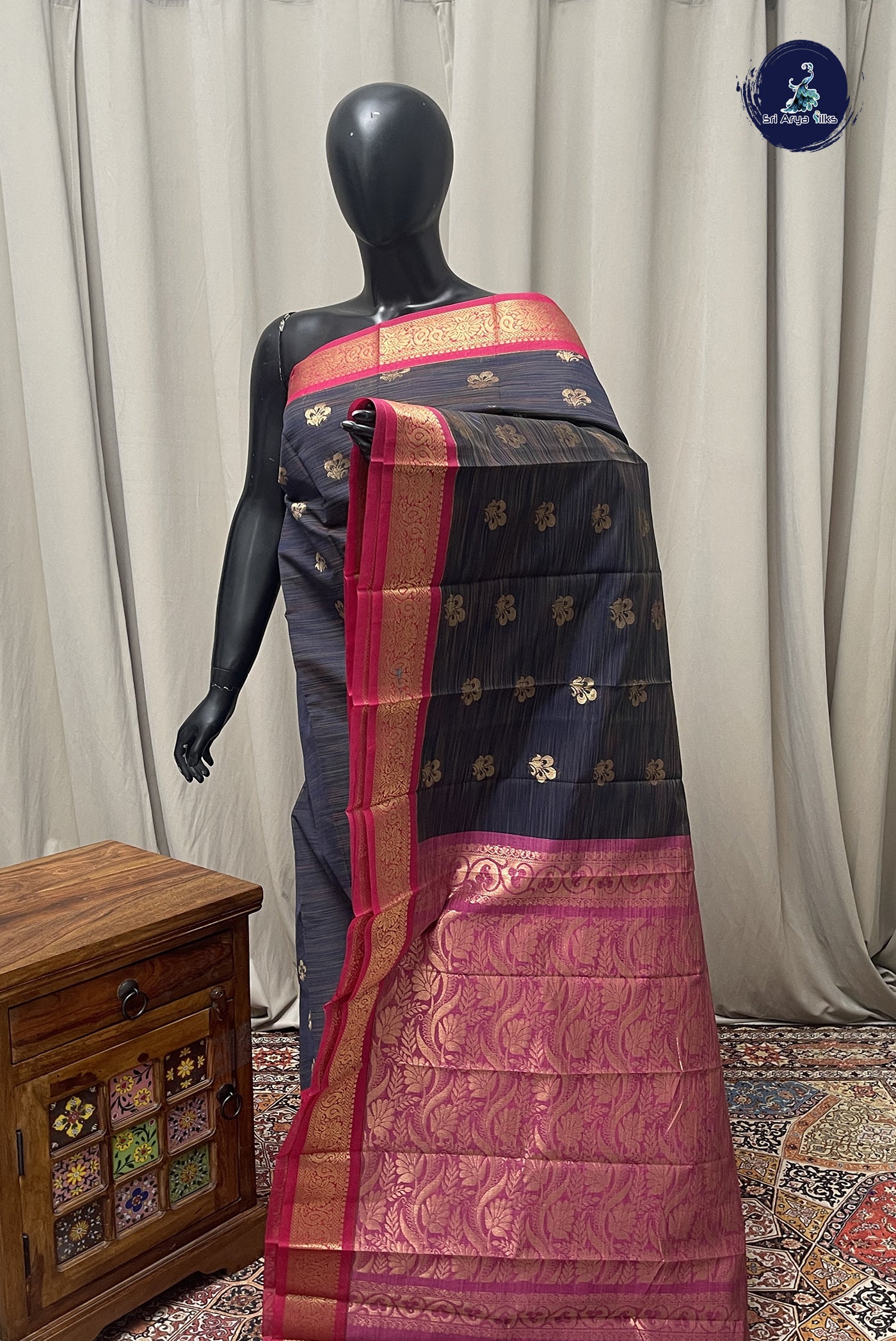 Navy Blue Budget Semi Silk Cotton Saree With Zari Buttas Pattern