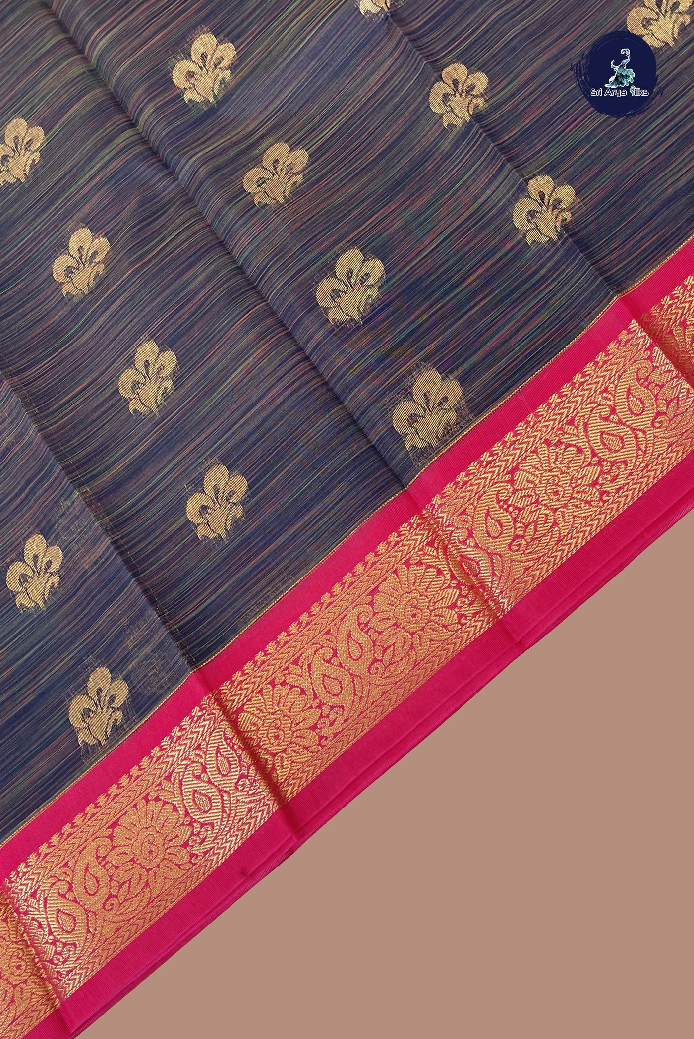 Navy Blue Budget Semi Silk Cotton Saree With Zari Buttas Pattern