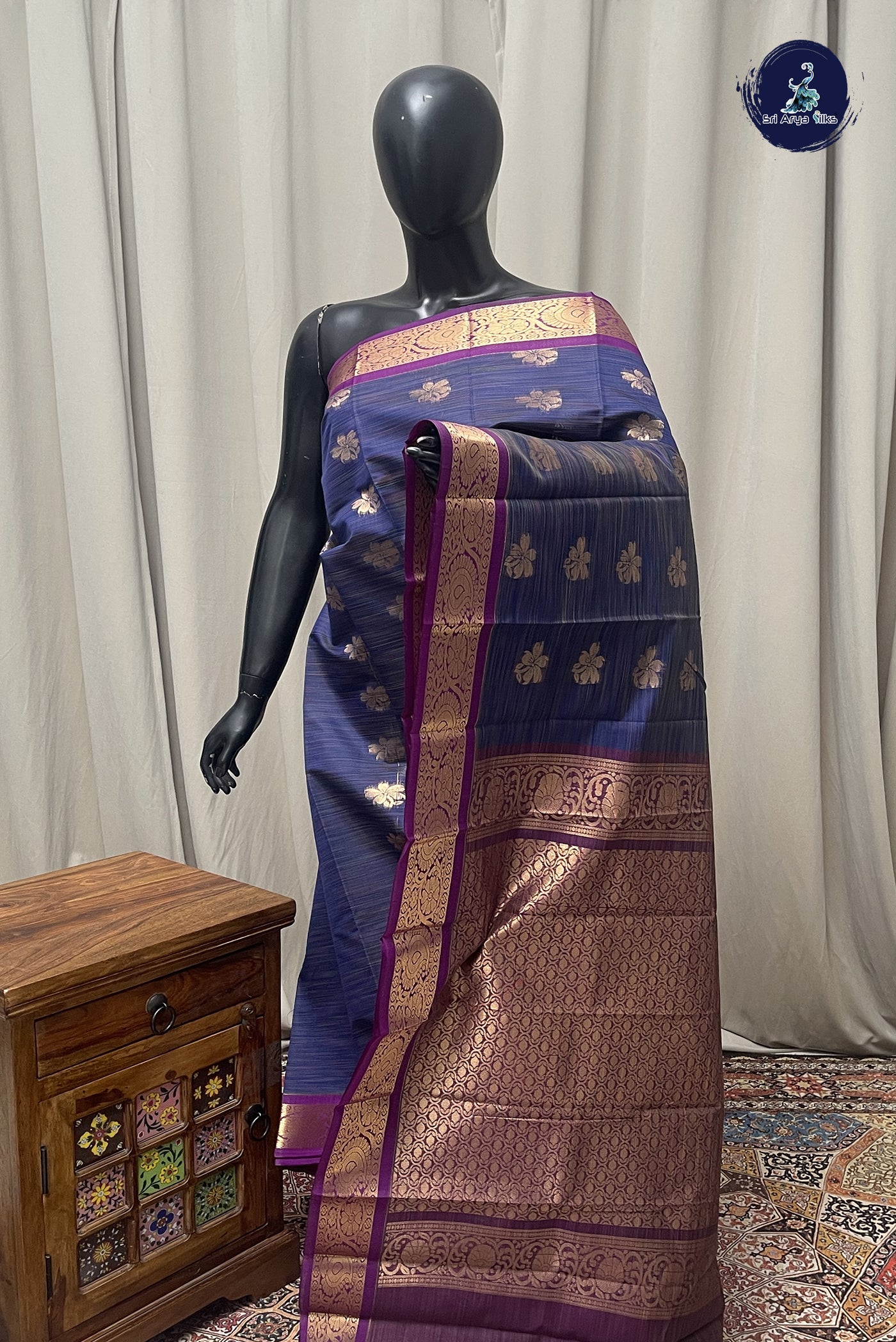 Blue Budget Semi Silk Cotton Saree With Zari Buttas Pattern