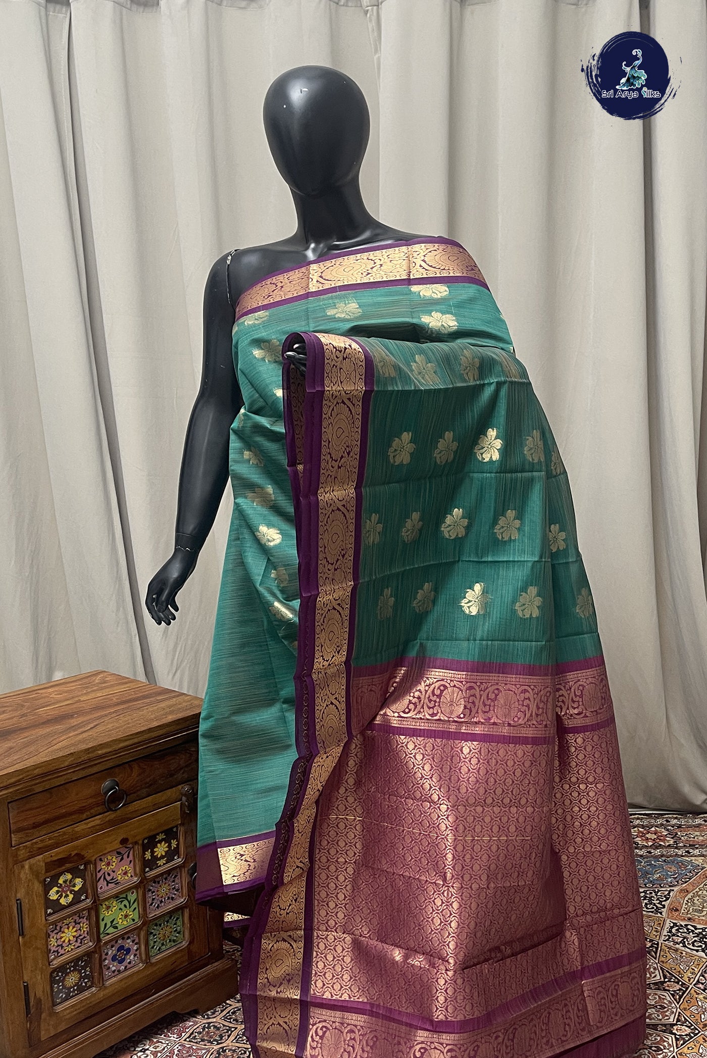 Green Budget Semi Silk Cotton Saree With Zari Buttas Pattern