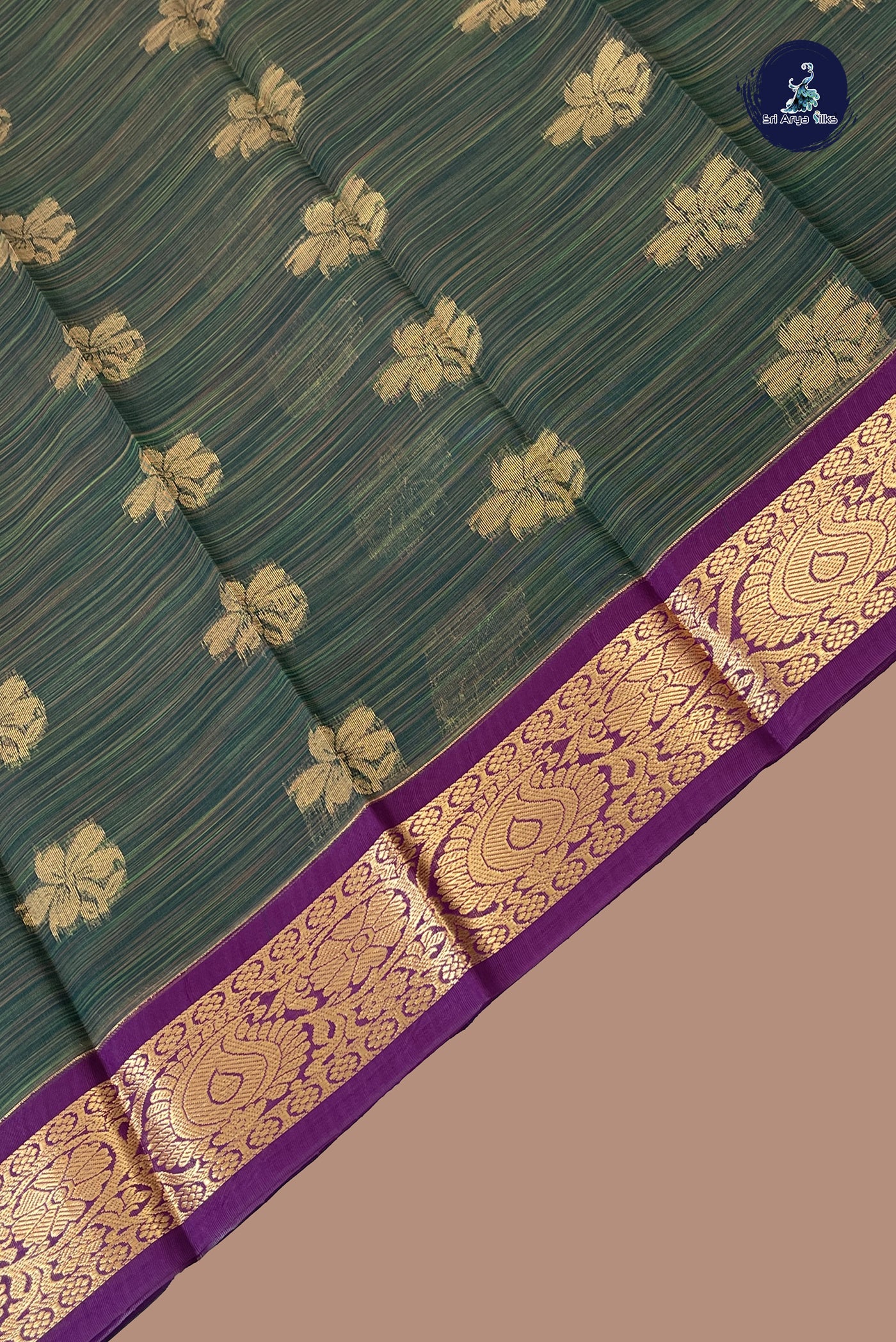 Bottle Green Budget Semi Silk Cotton Saree With Zari Buttas Pattern