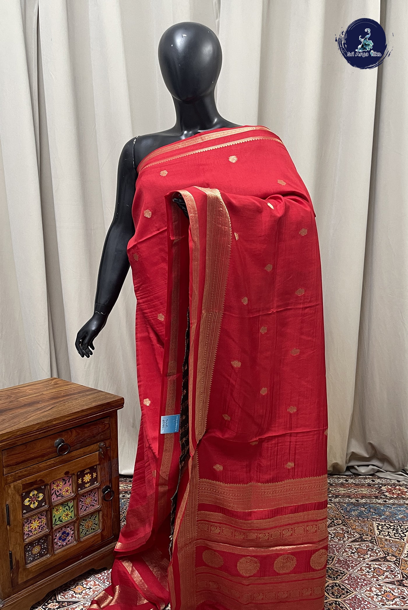 Red Semi Banarasi Saree With Zari Buttas Pattern