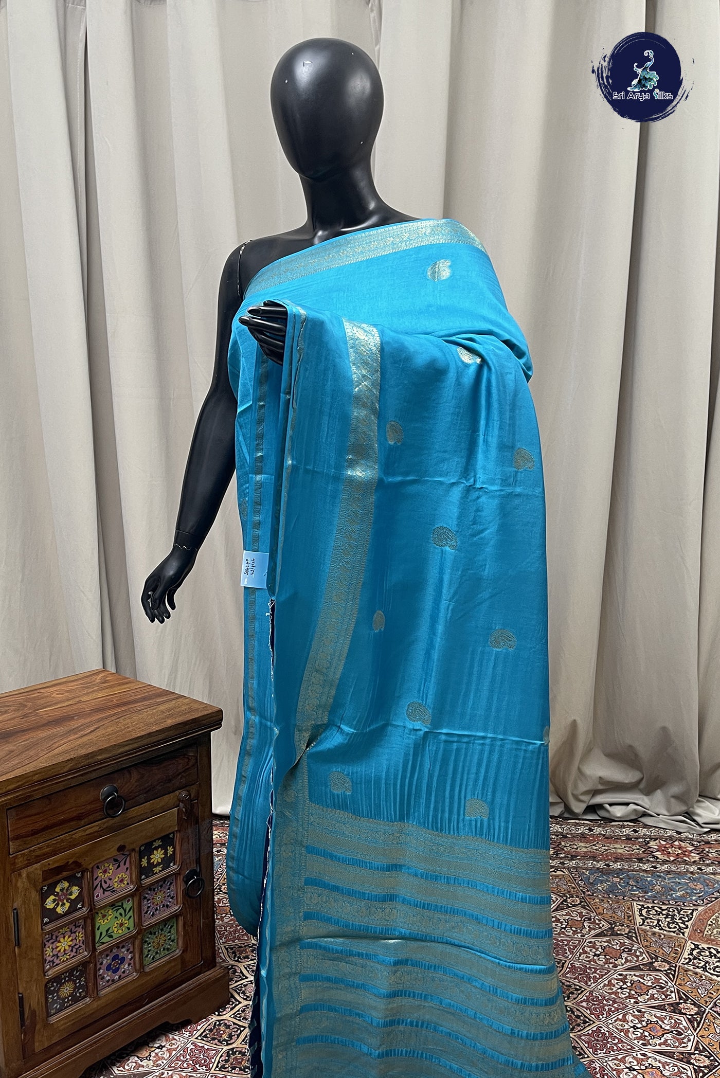 Blue Semi Banarasi Saree With Zari Buttas Pattern