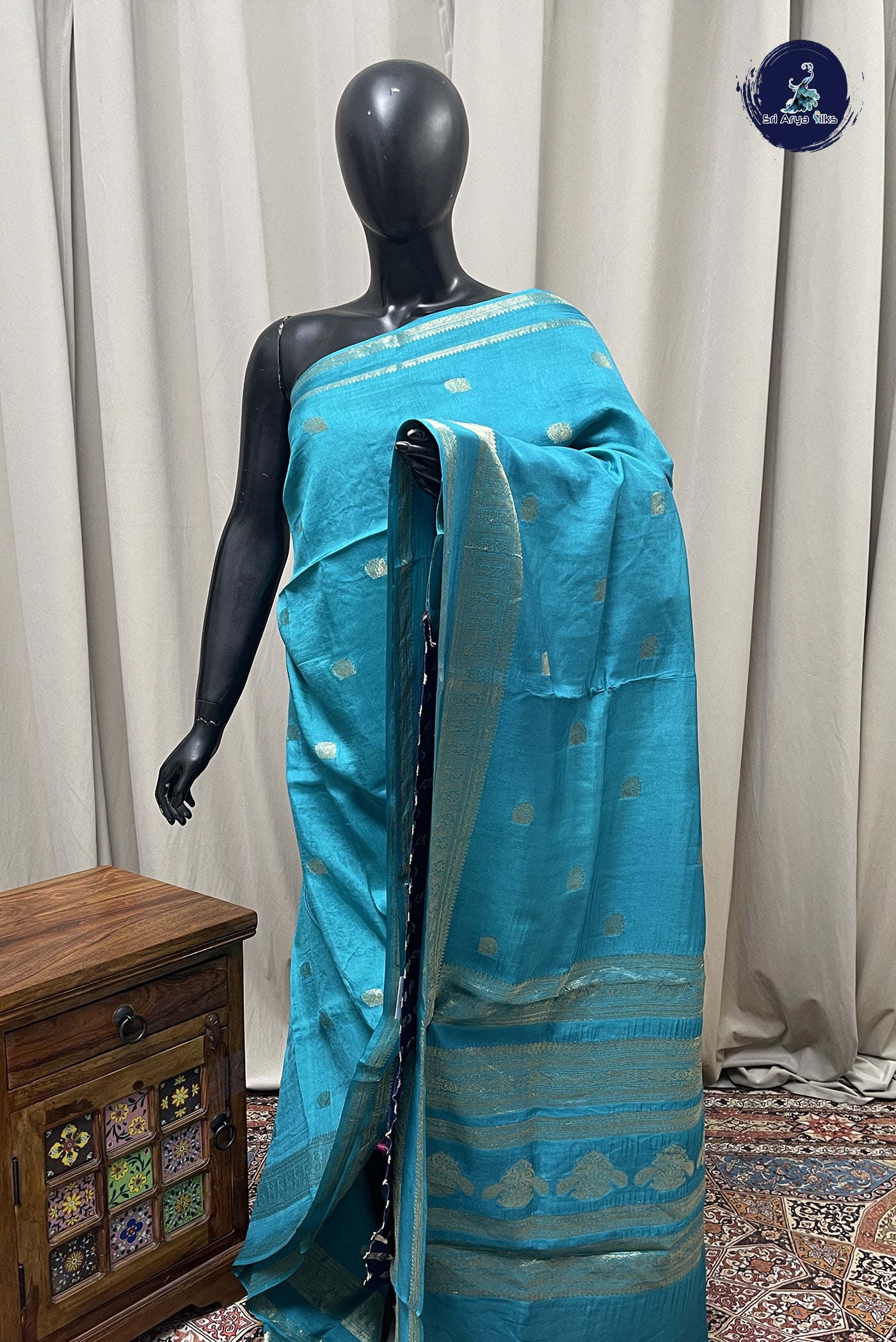 Blue Semi Banarasi Saree With Zari Buttas Pattern