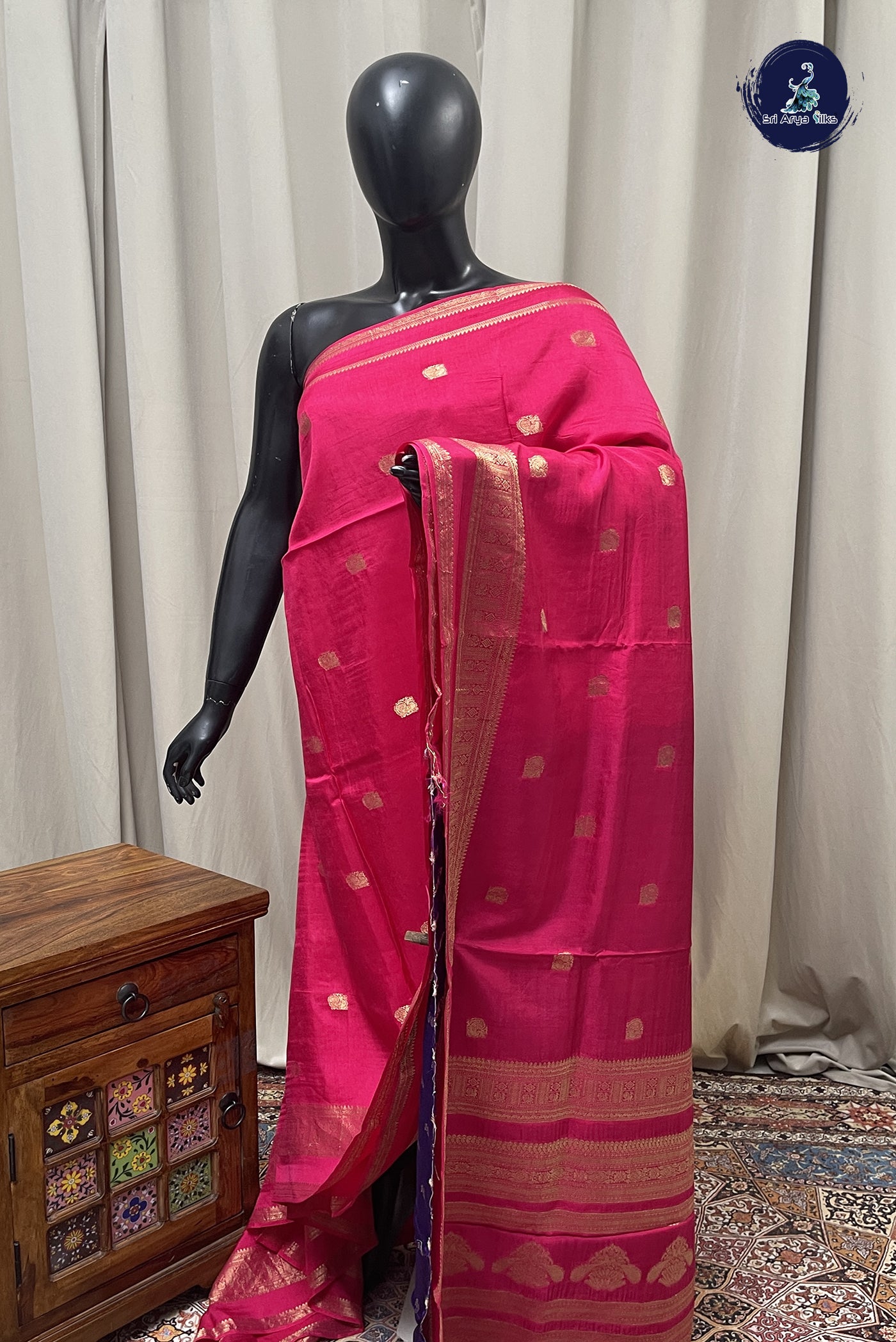 Dark Pink Semi Banarasi Saree With Zari Buttas Pattern