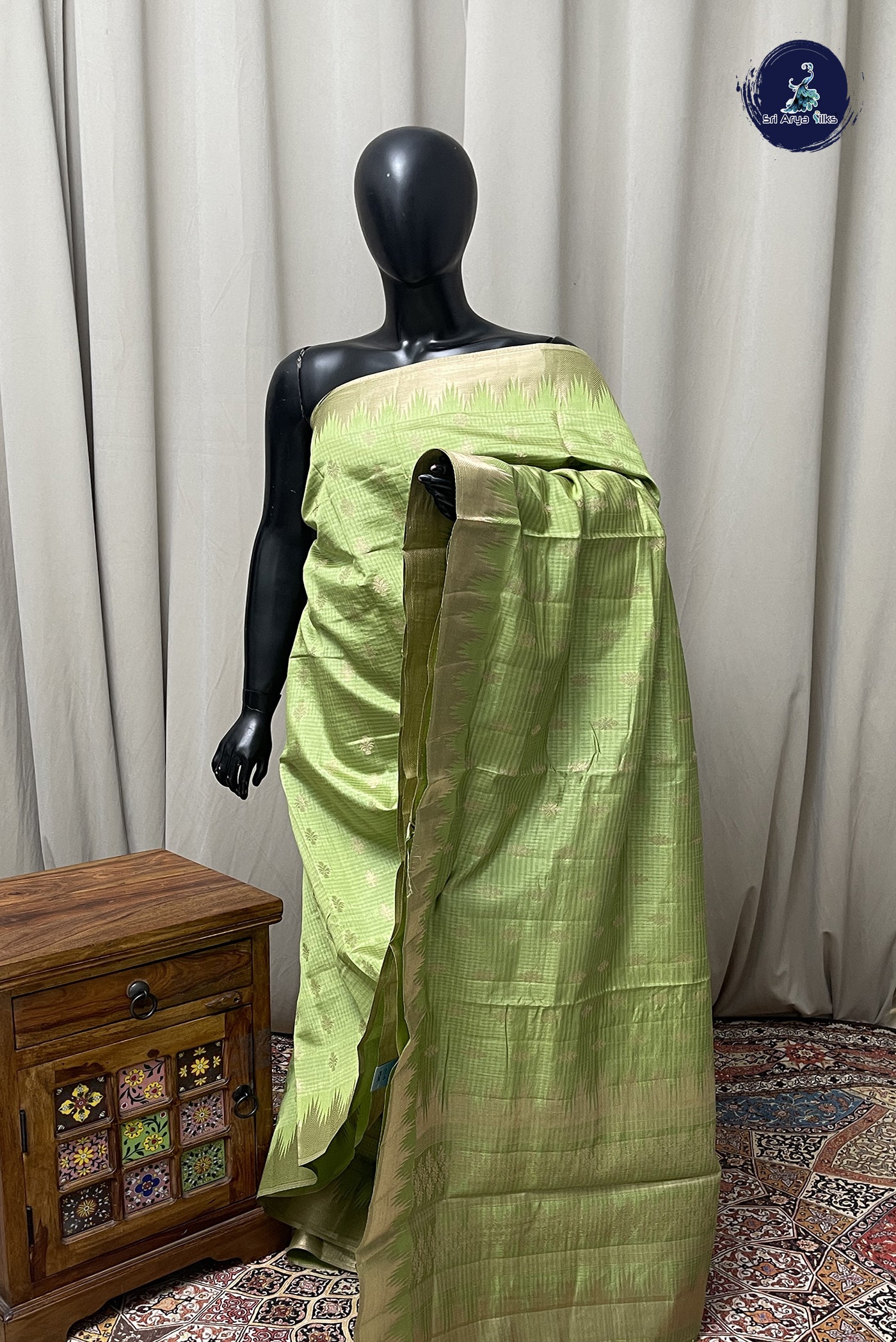 Light Green Semi Tussar Saree With Zari Buttas Pattern