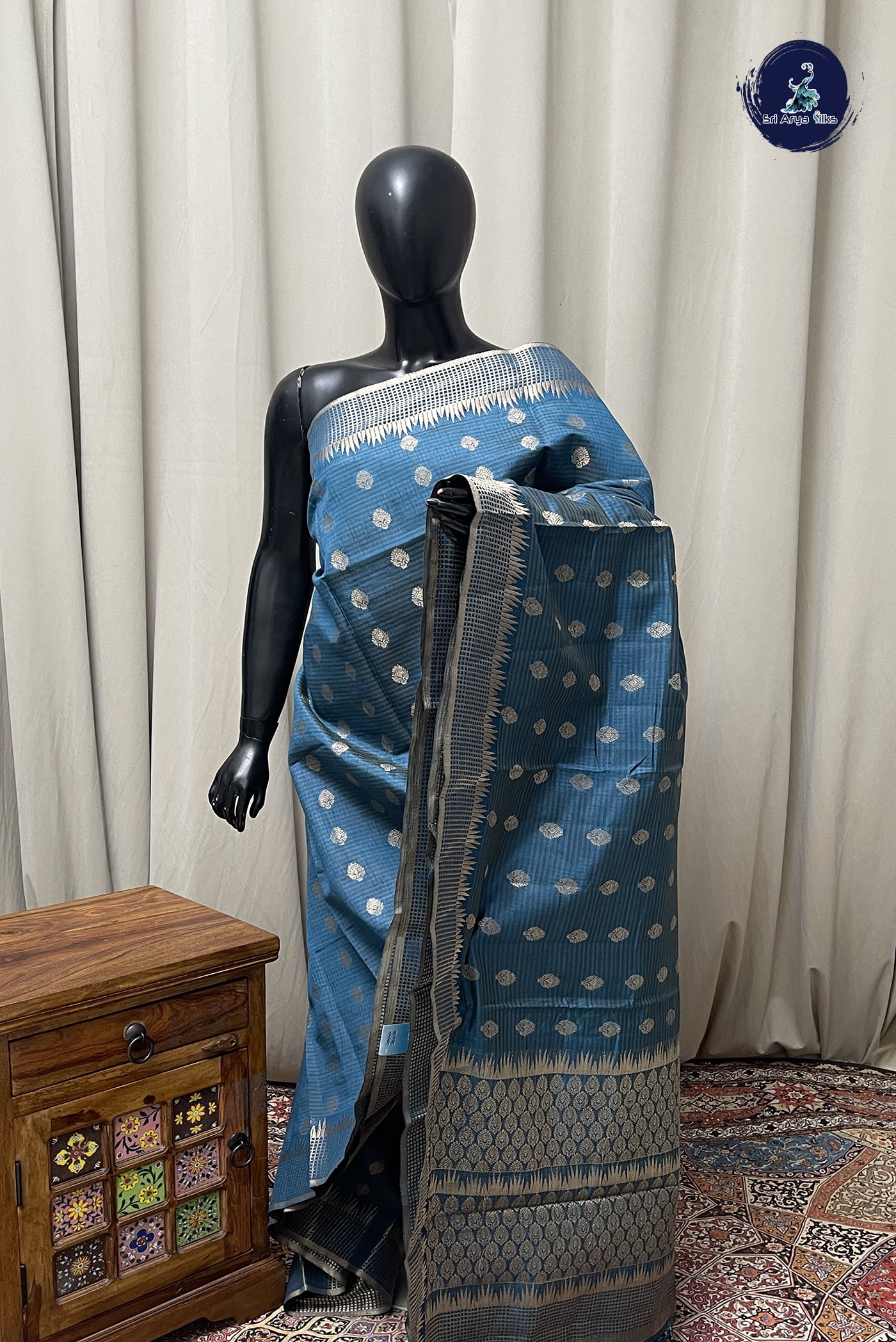Sapphire Blue Semi Tussar Saree With Zari Buttas Pattern