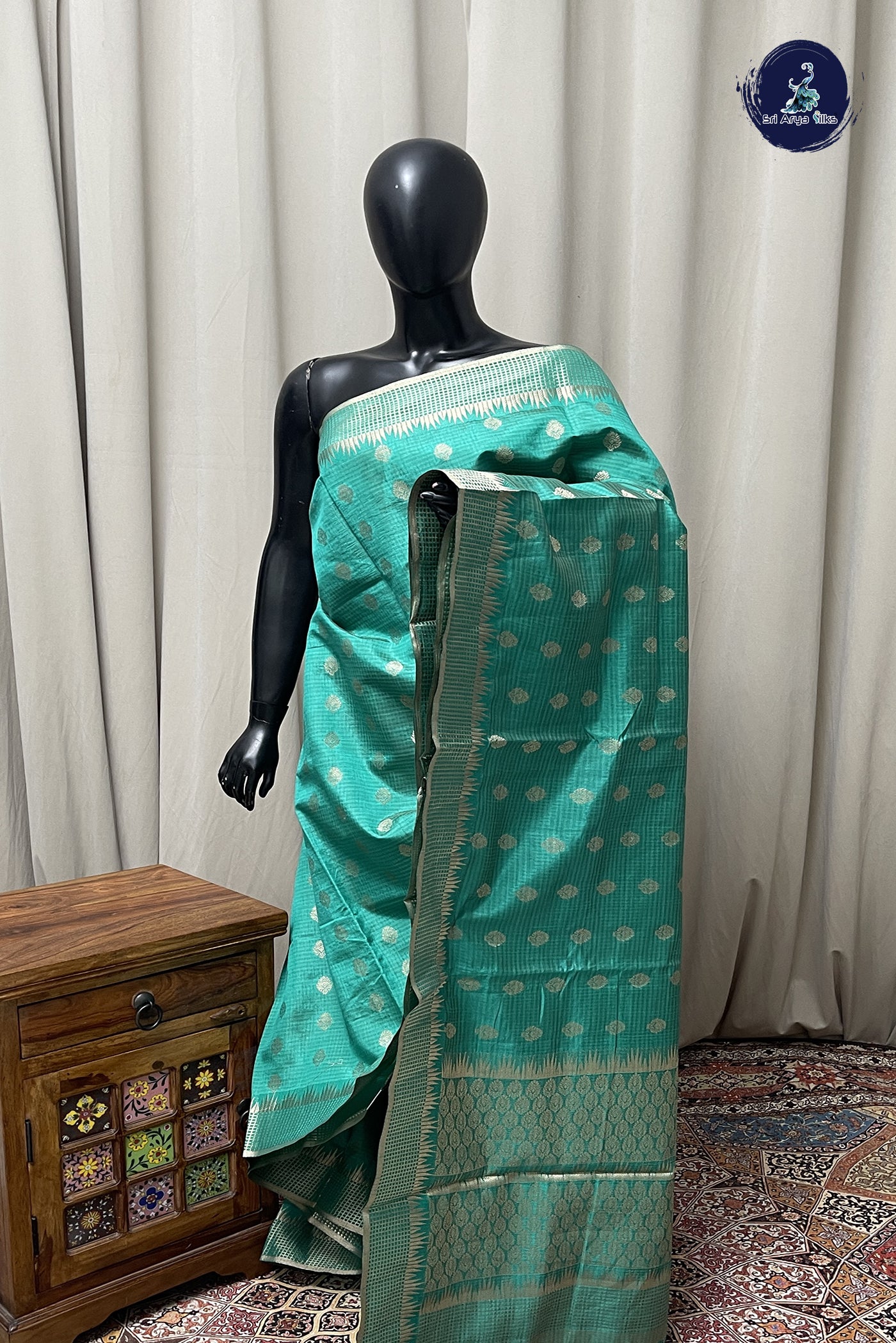 Green Semi Tussar Saree With Zari Buttas Pattern