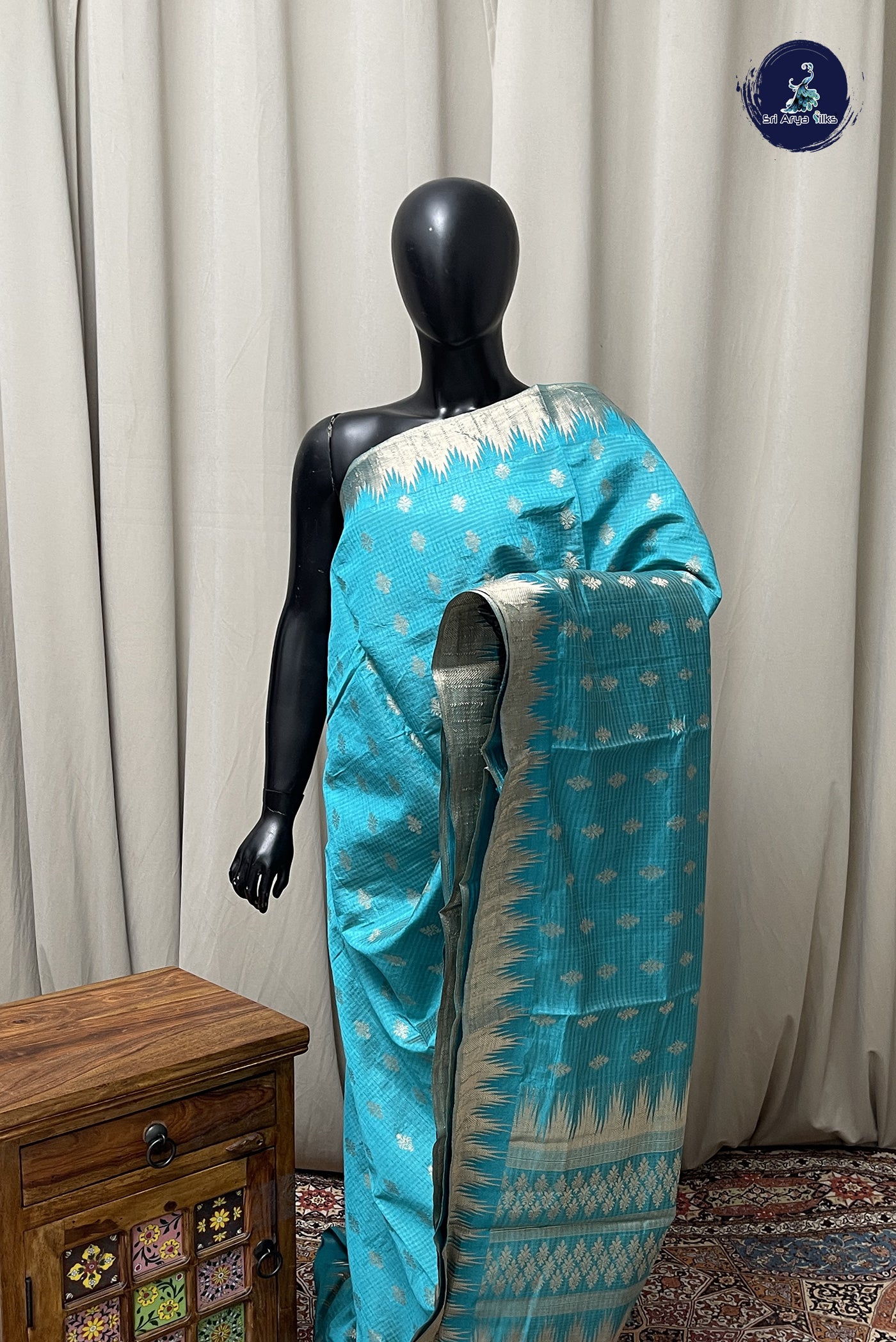 Blue Semi Tussar Saree With Zari Buttas Pattern