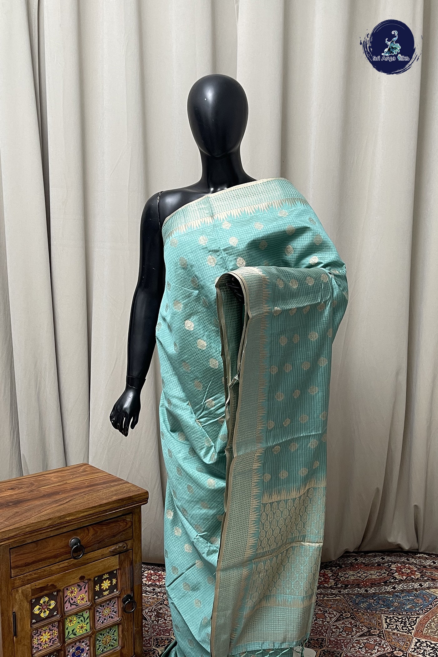 Pastel Green Semi Tussar Saree With Zari Buttas Pattern