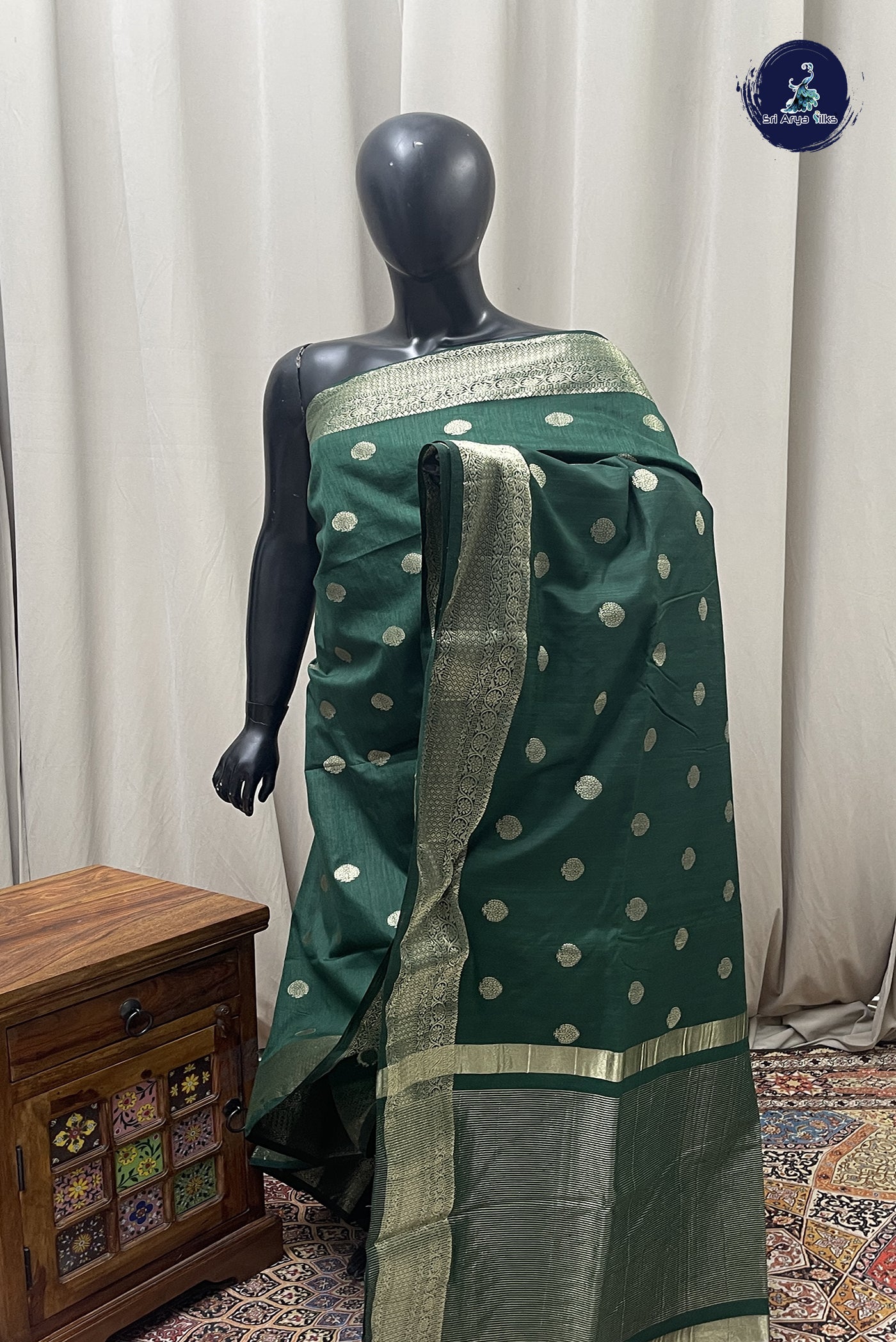 Dark Green Semi Tussar Saree With Zari Buttas Pattern