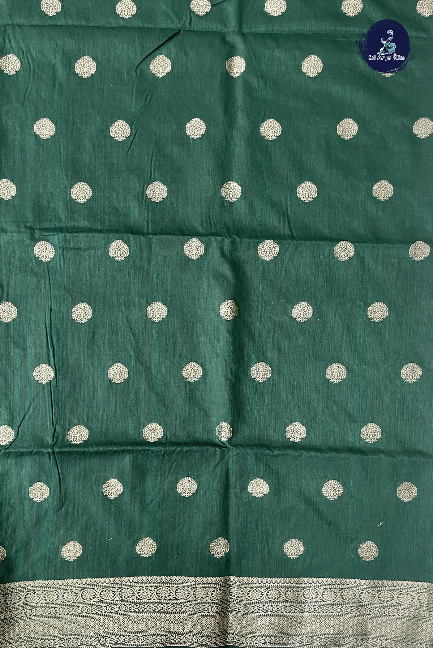 Dark Green Semi Tussar Saree With Zari Buttas Pattern