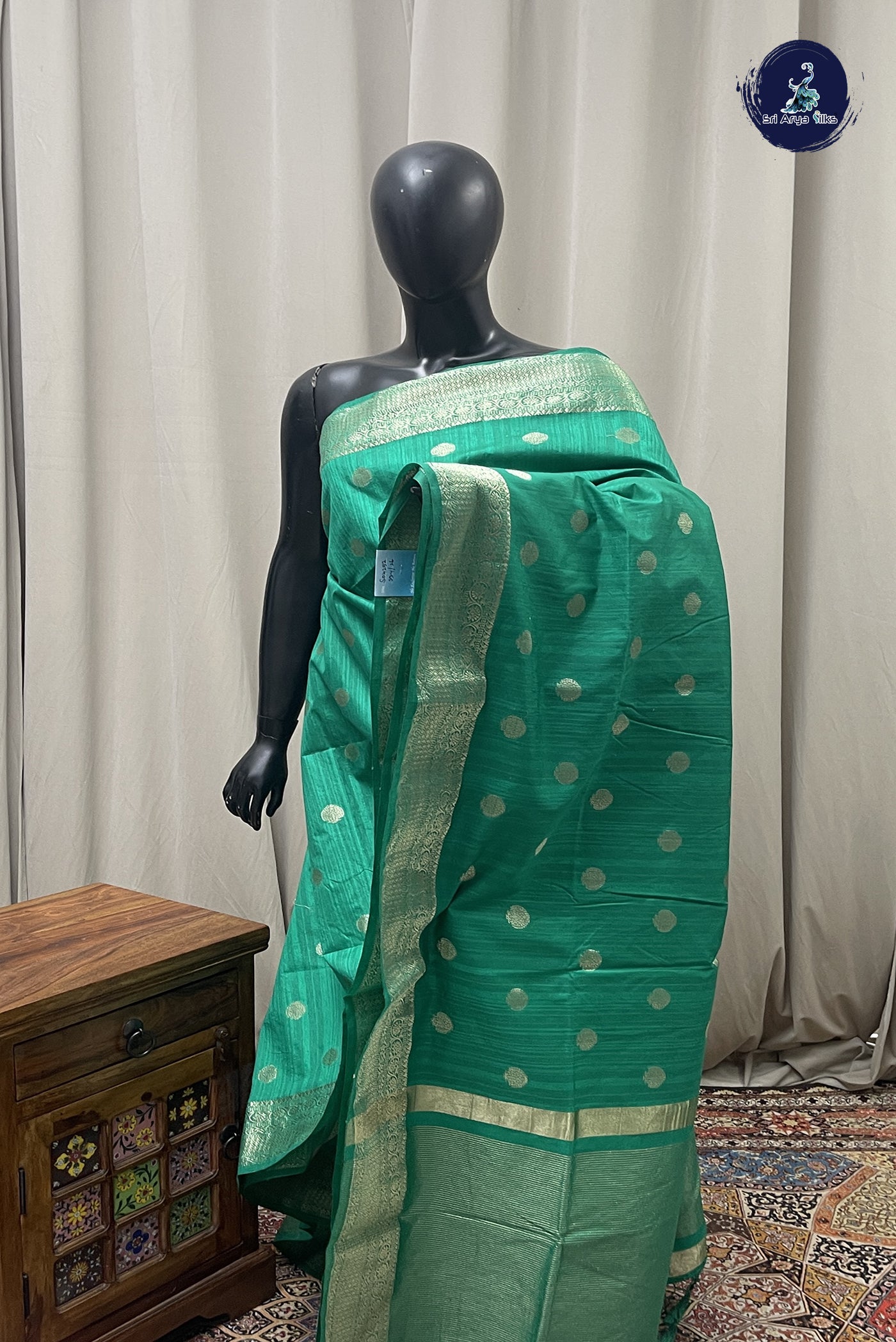 Green Semi Tussar Saree With Zari Buttas Pattern