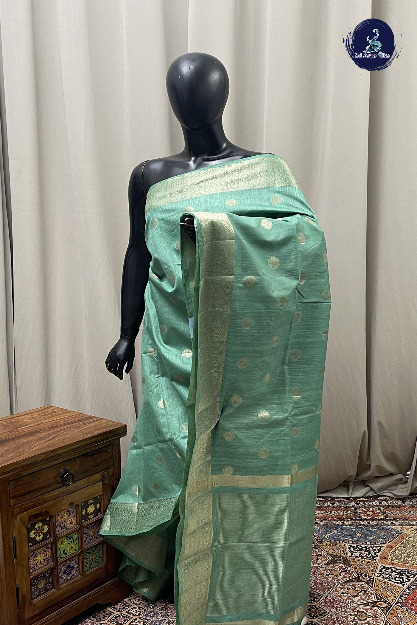 Pastel Green Semi Tussar Saree With Zari Buttas Pattern