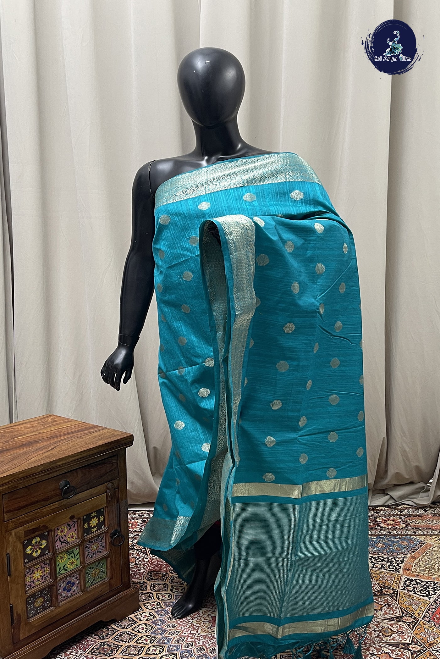 Teal Blue Semi Tussar Saree With Zari Buttas Pattern