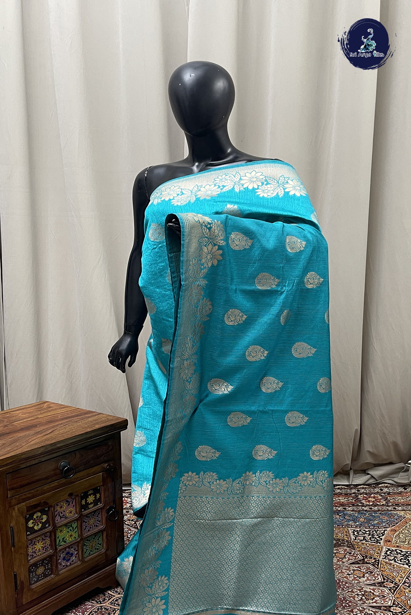 Teal Blue Semi Tussar Saree With Zari Buttas Pattern