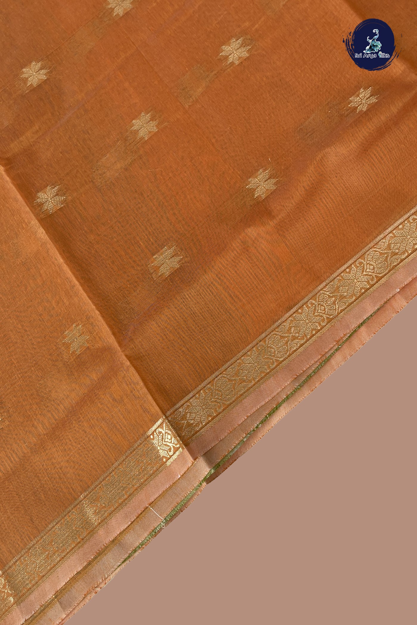 Orange Maheshwari Silk Saree With Zari Buttas Pattern