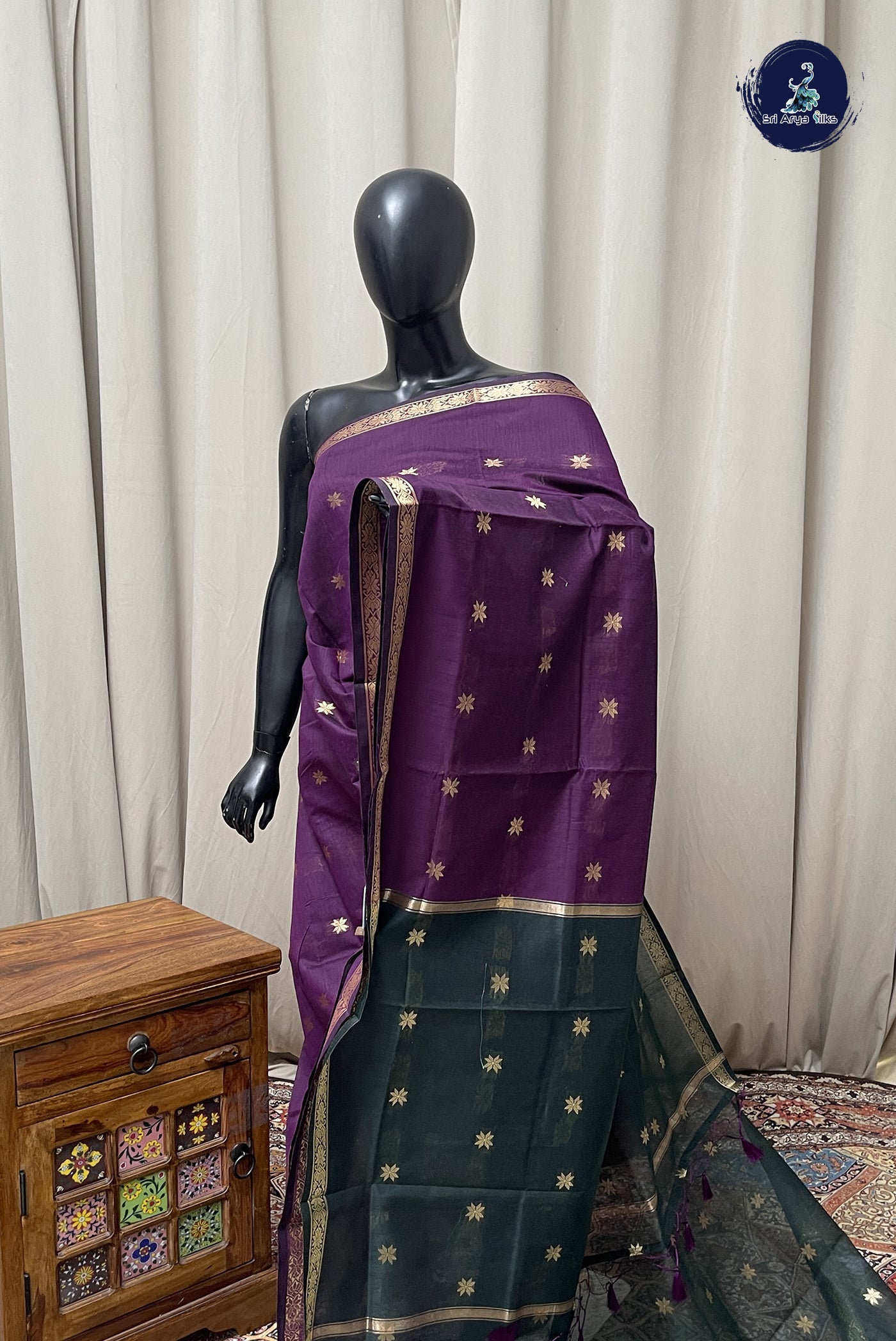 Wine Maheshwari Silk Saree With Zari Buttas Pattern