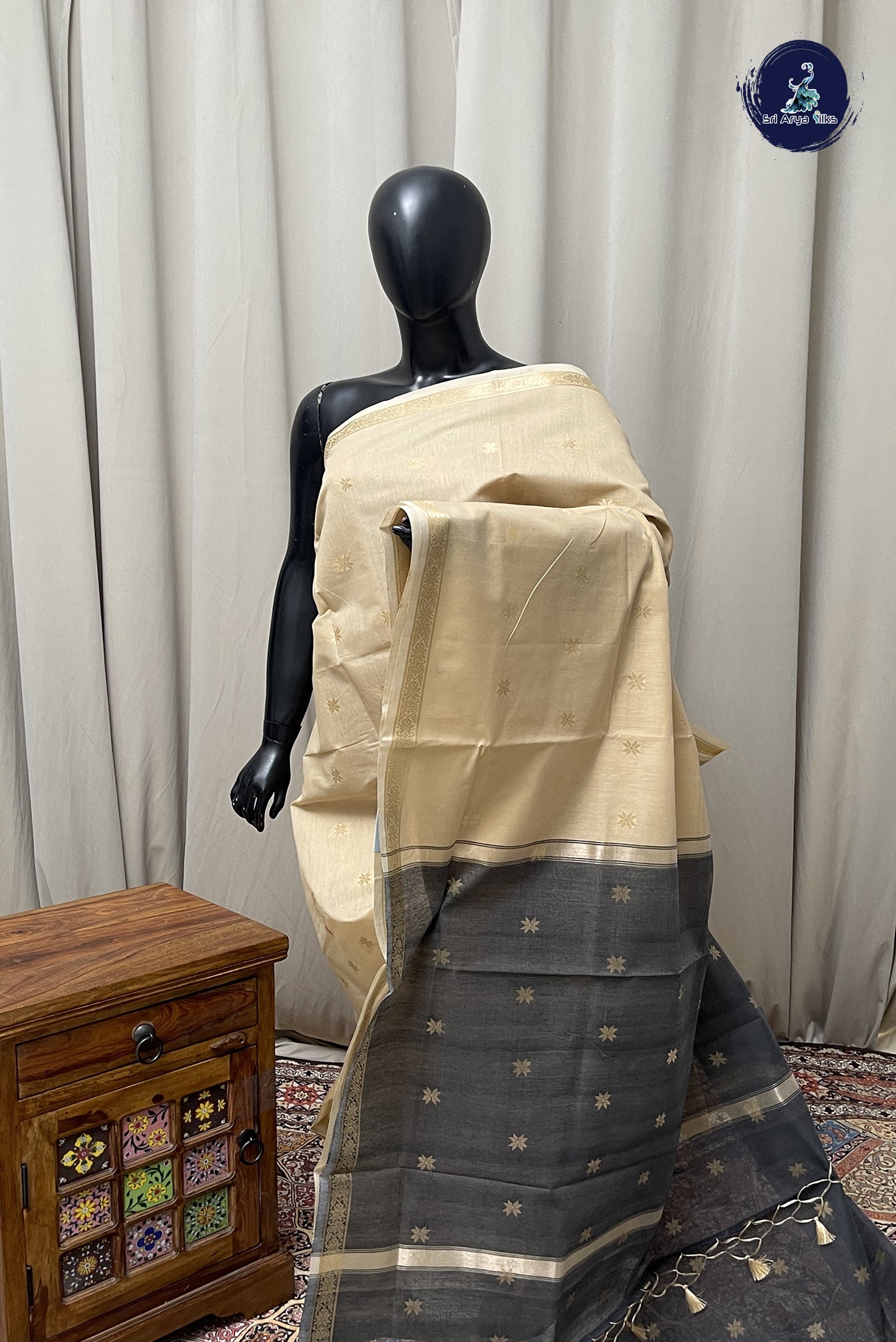 Fawn Maheshwari Silk Saree With Zari Buttas Pattern
