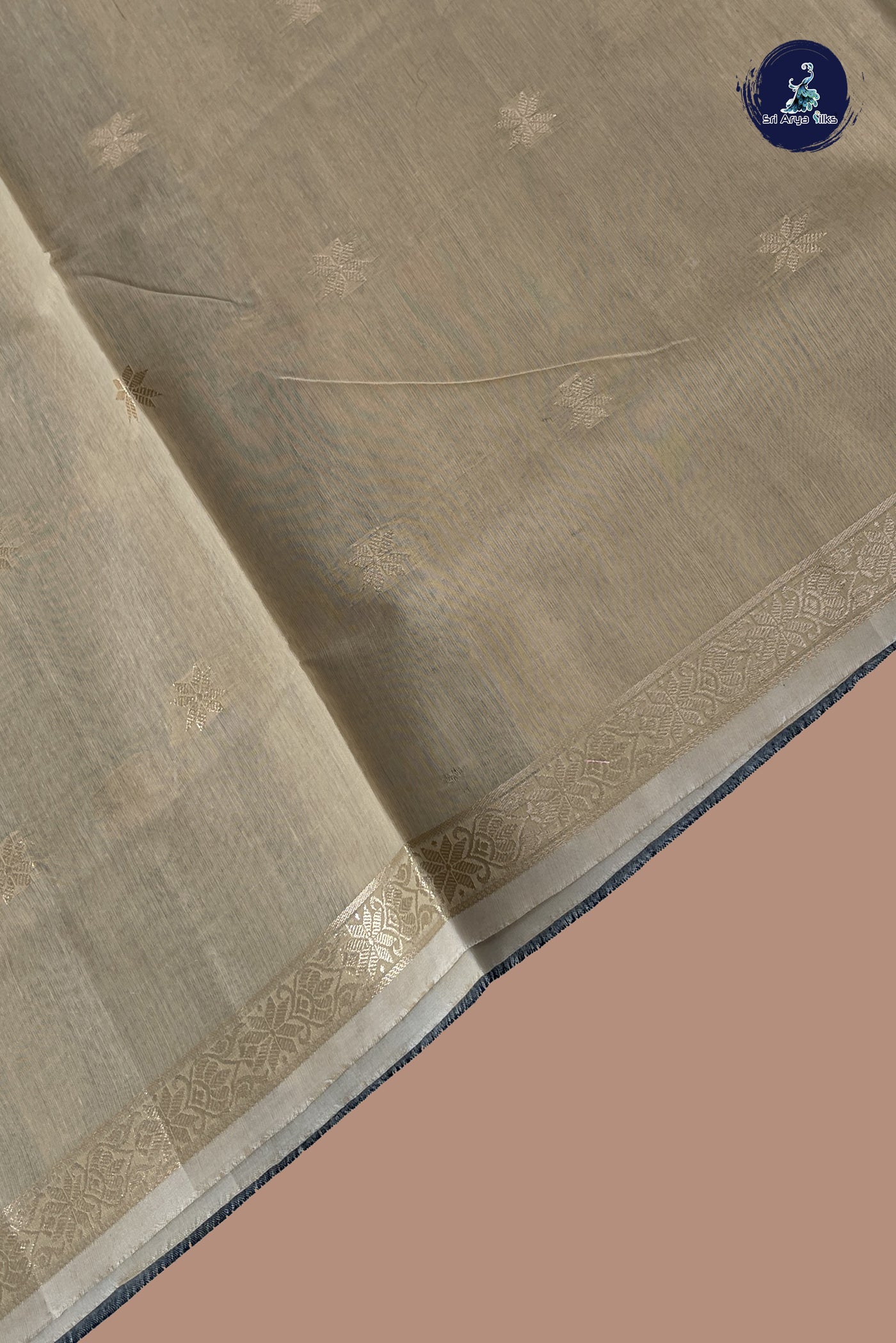 Fawn Maheshwari Silk Saree With Zari Buttas Pattern