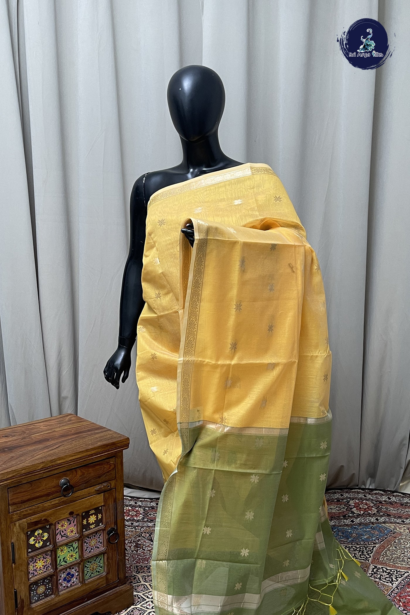 Yellow Maheshwari Silk Saree With Zari Buttas Pattern