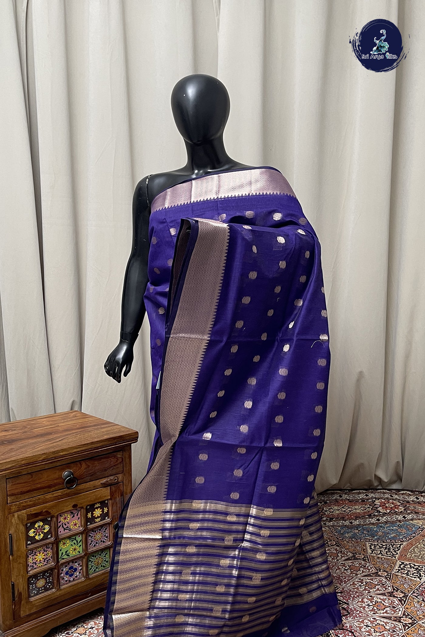 Blue Maheshwari Silk Saree With Zari Buttas Pattern