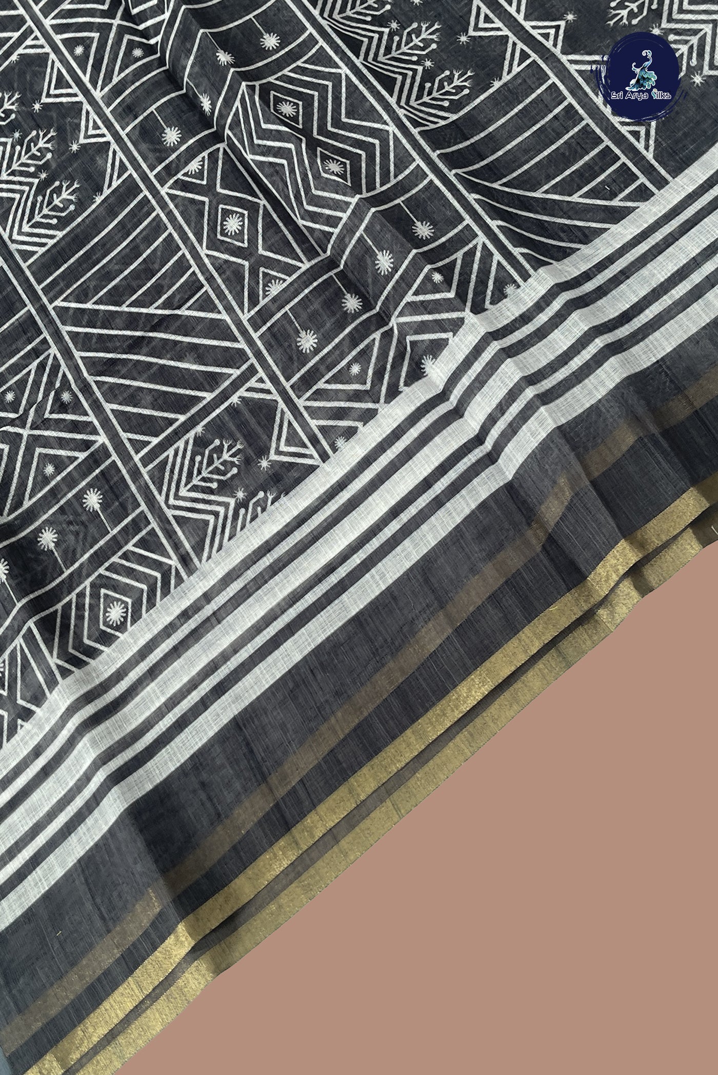 Black Linen Saree With Printed Pattern