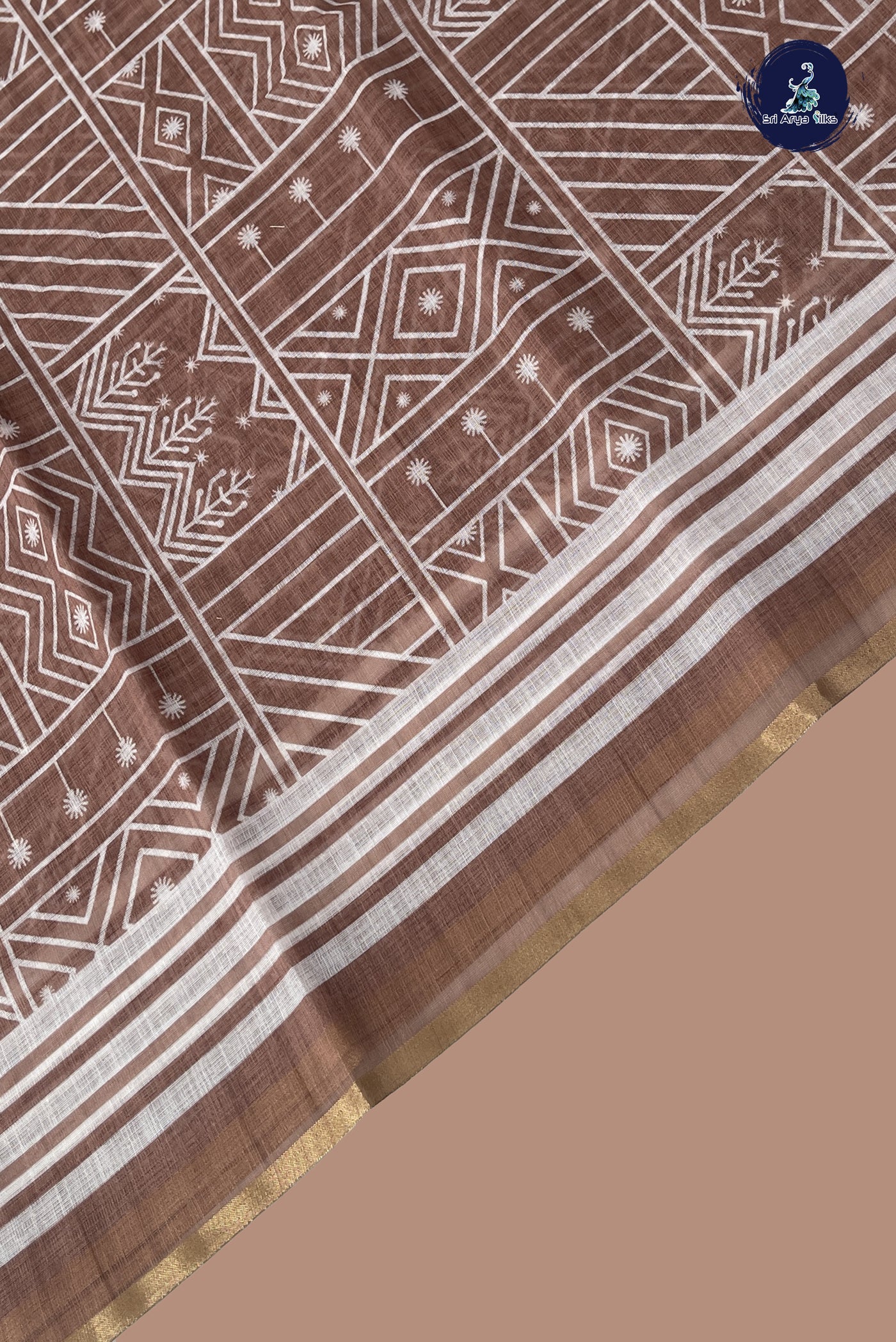 Chikku Shade Linen Saree With Printed Pattern