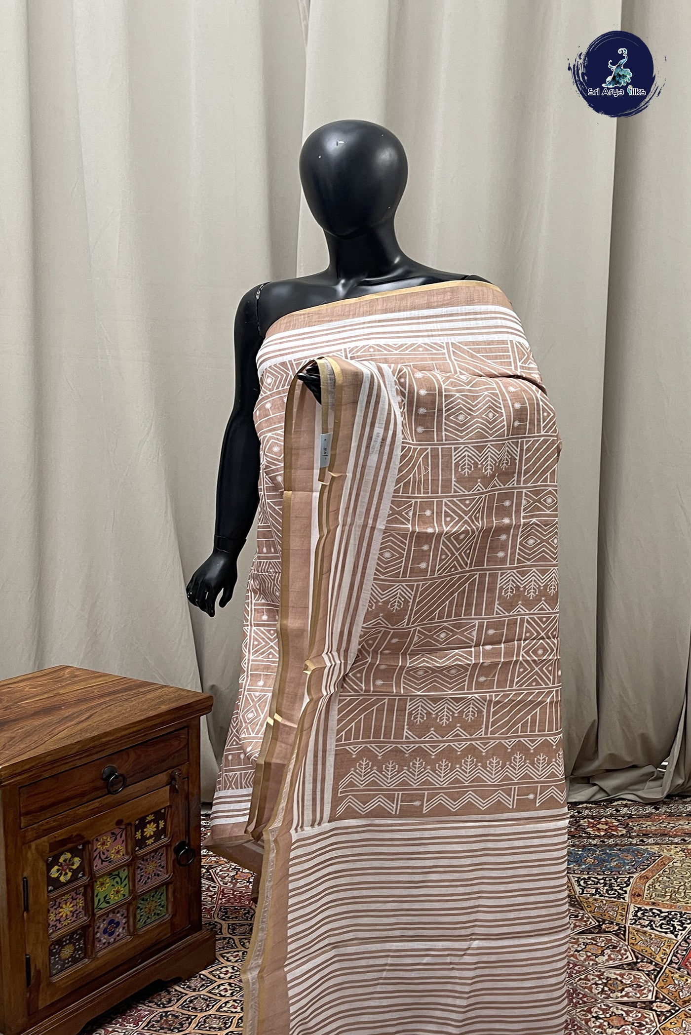 Chikku Shade Linen Saree With Printed Pattern
