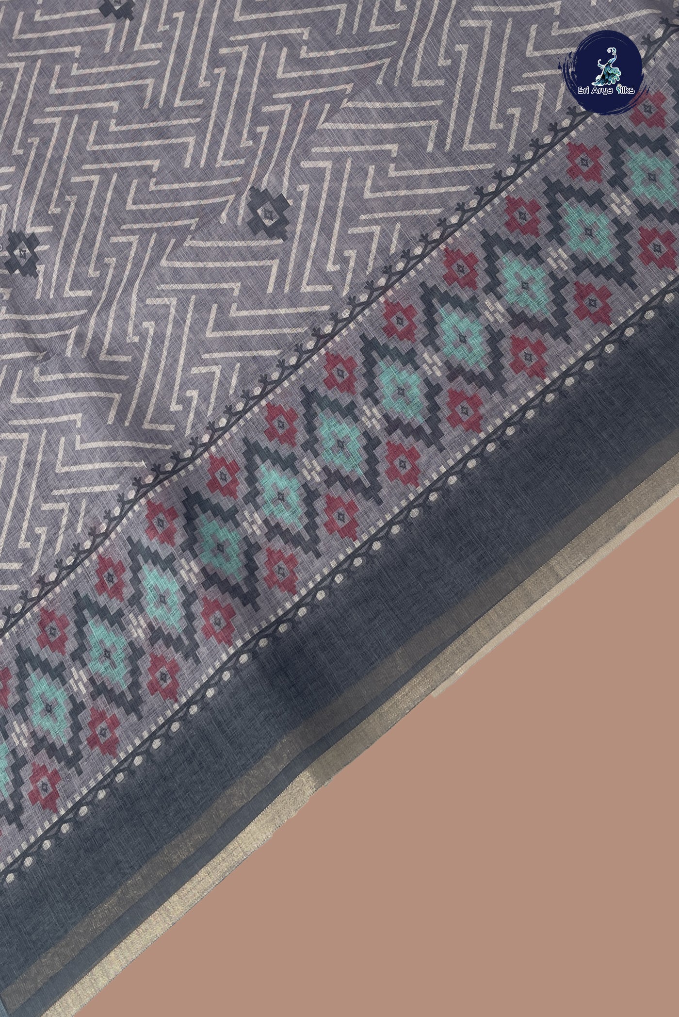 Grey Linen Saree With Printed Pattern