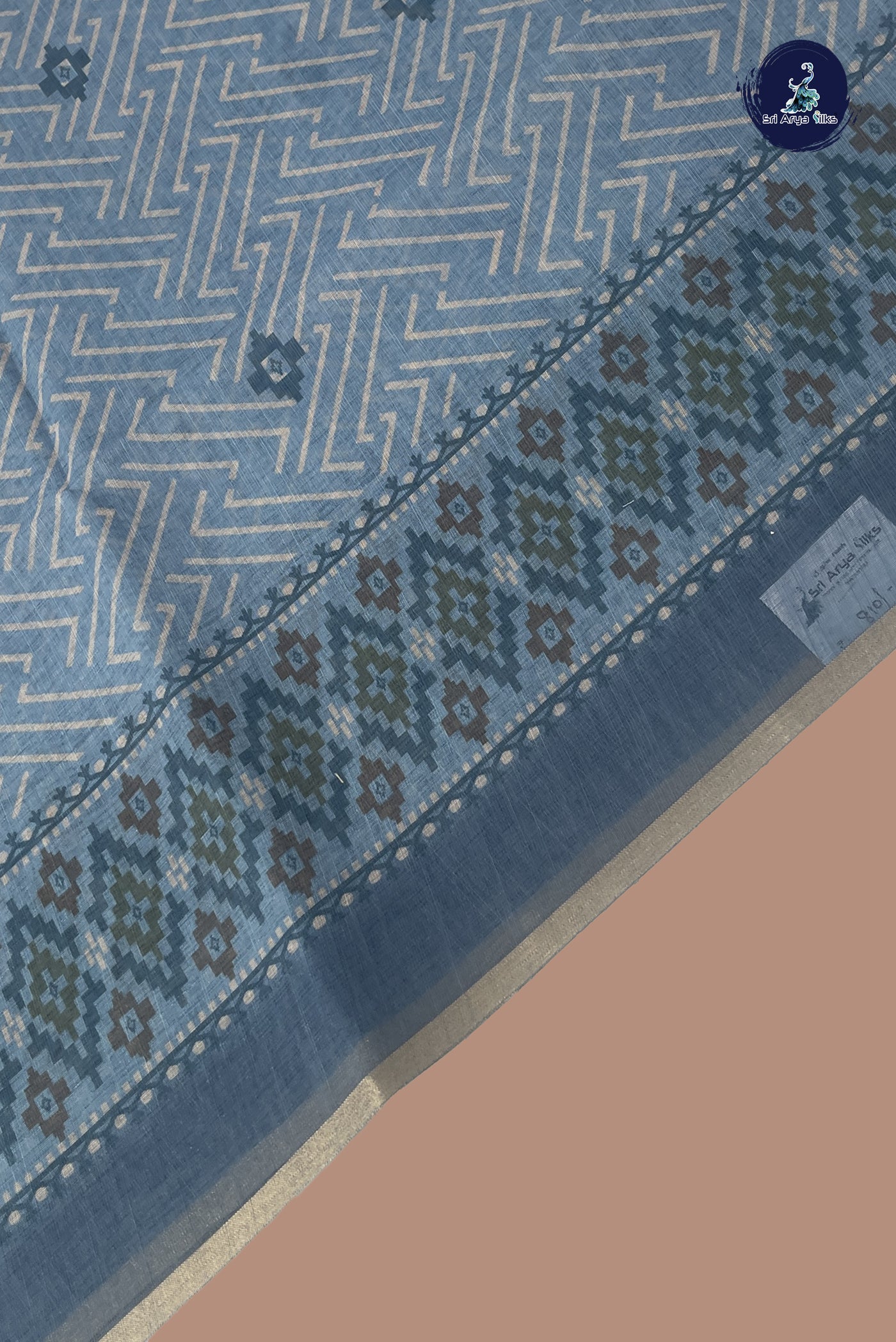 Blue Linen Saree With Printed Pattern