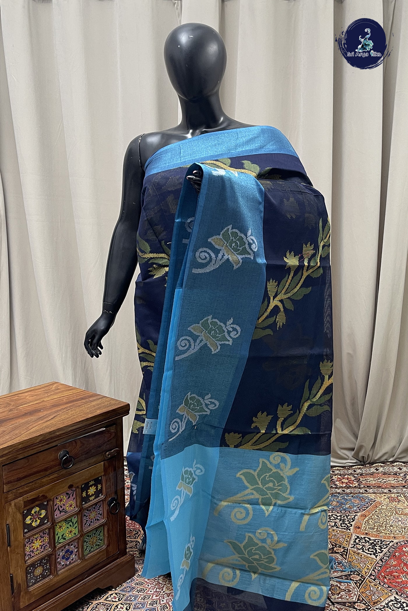 Navy Blue Cotton Saree With Ikat Pattern