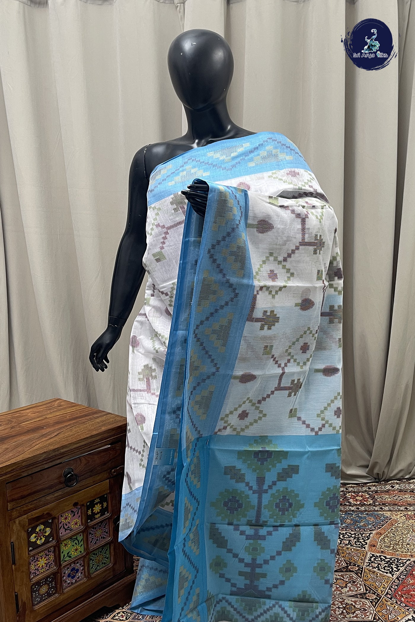 White Cotton Saree With Ikat Pattern