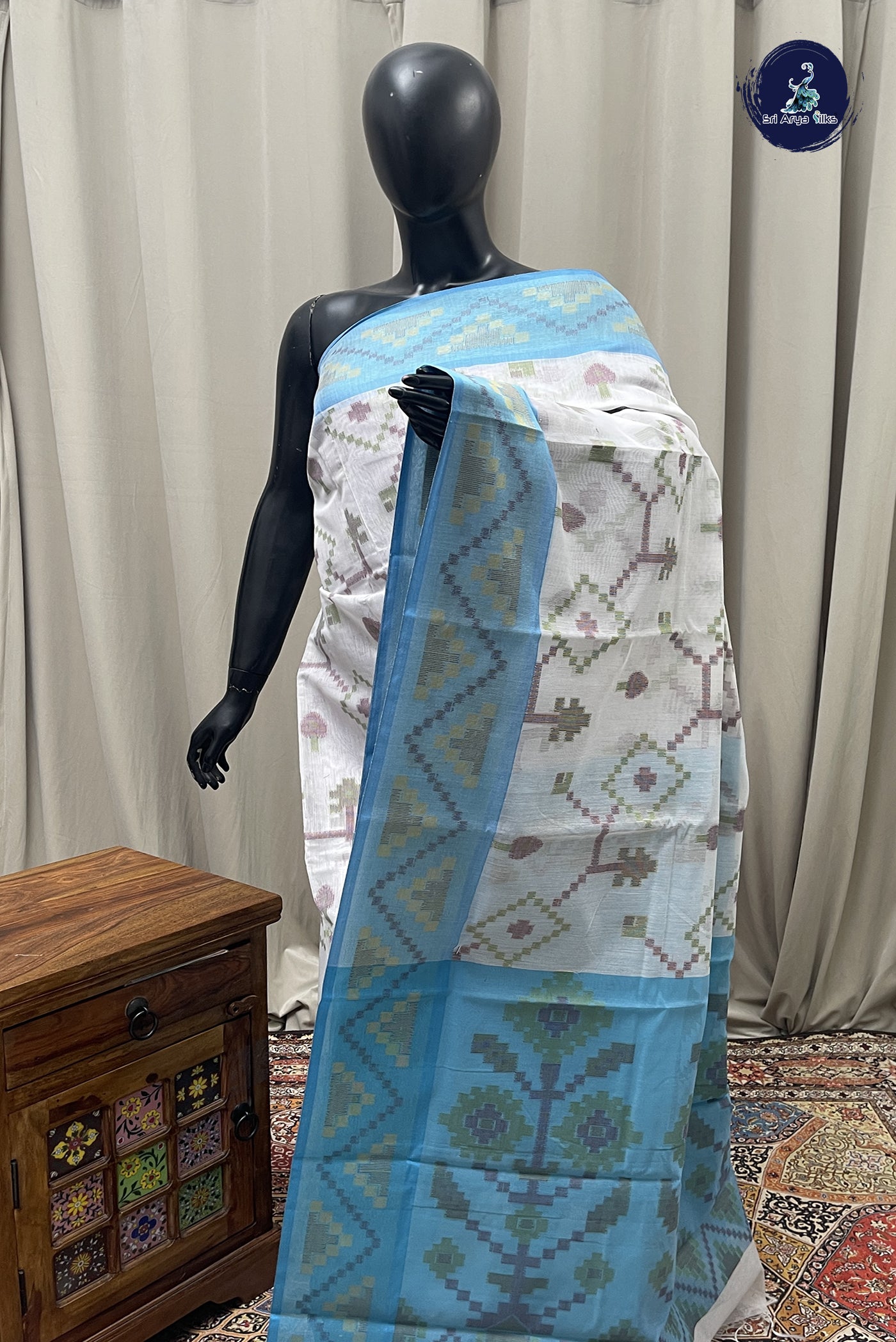 White Cotton Saree With Ikat Pattern