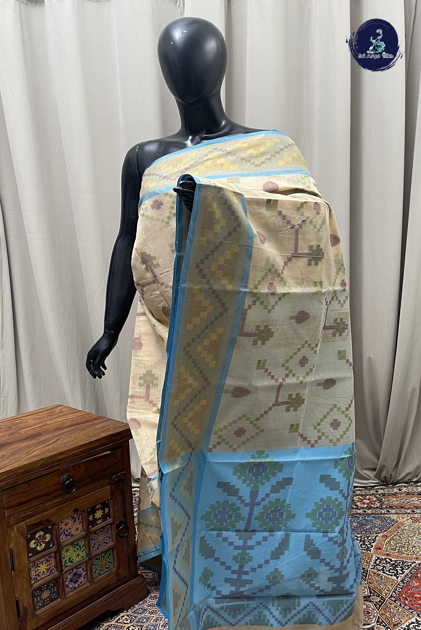 Cream Cotton Saree With Ikat Pattern
