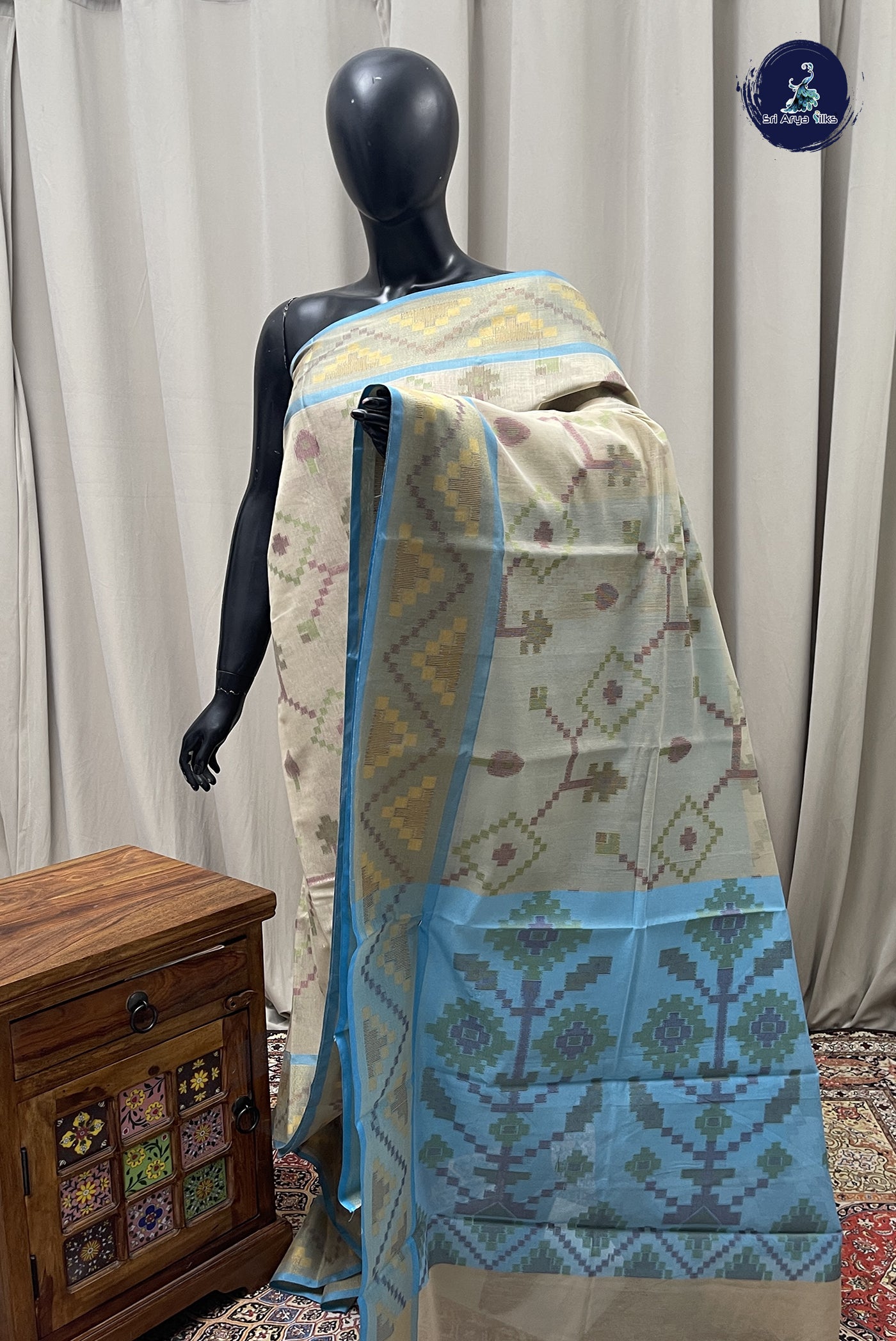 Cream Cotton Saree With Ikat Pattern