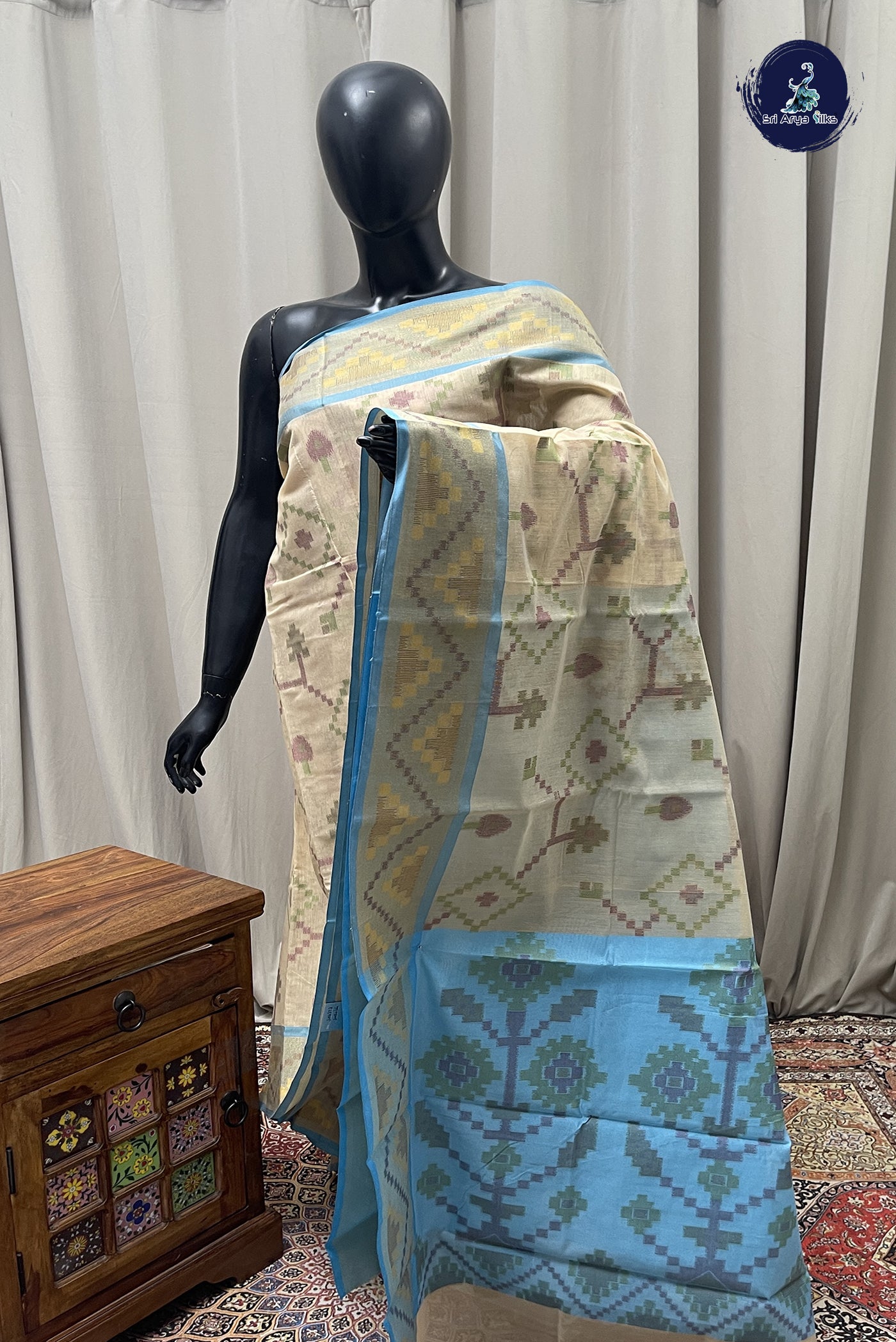 Cream Cotton Saree With Ikat Pattern