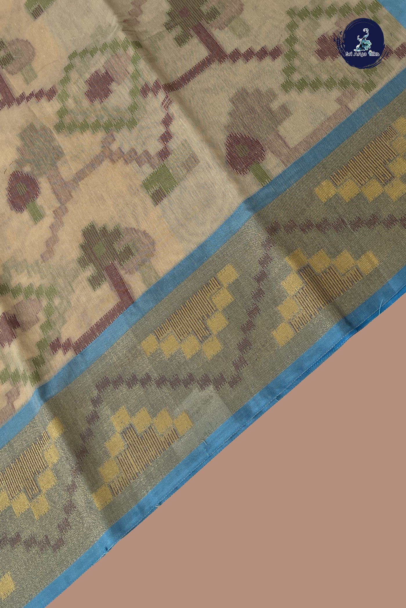 Cream Cotton Saree With Ikat Pattern
