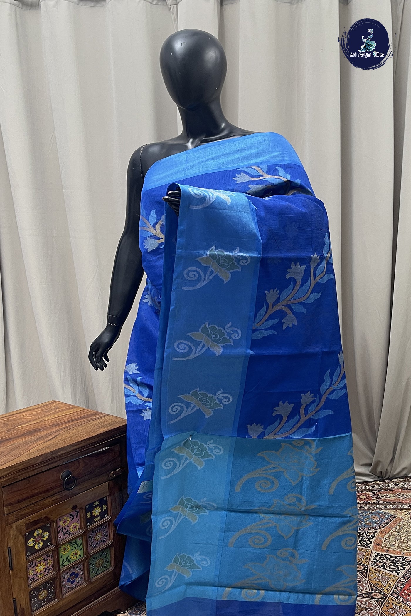 Dark Blue Cotton Saree With Ikat Pattern