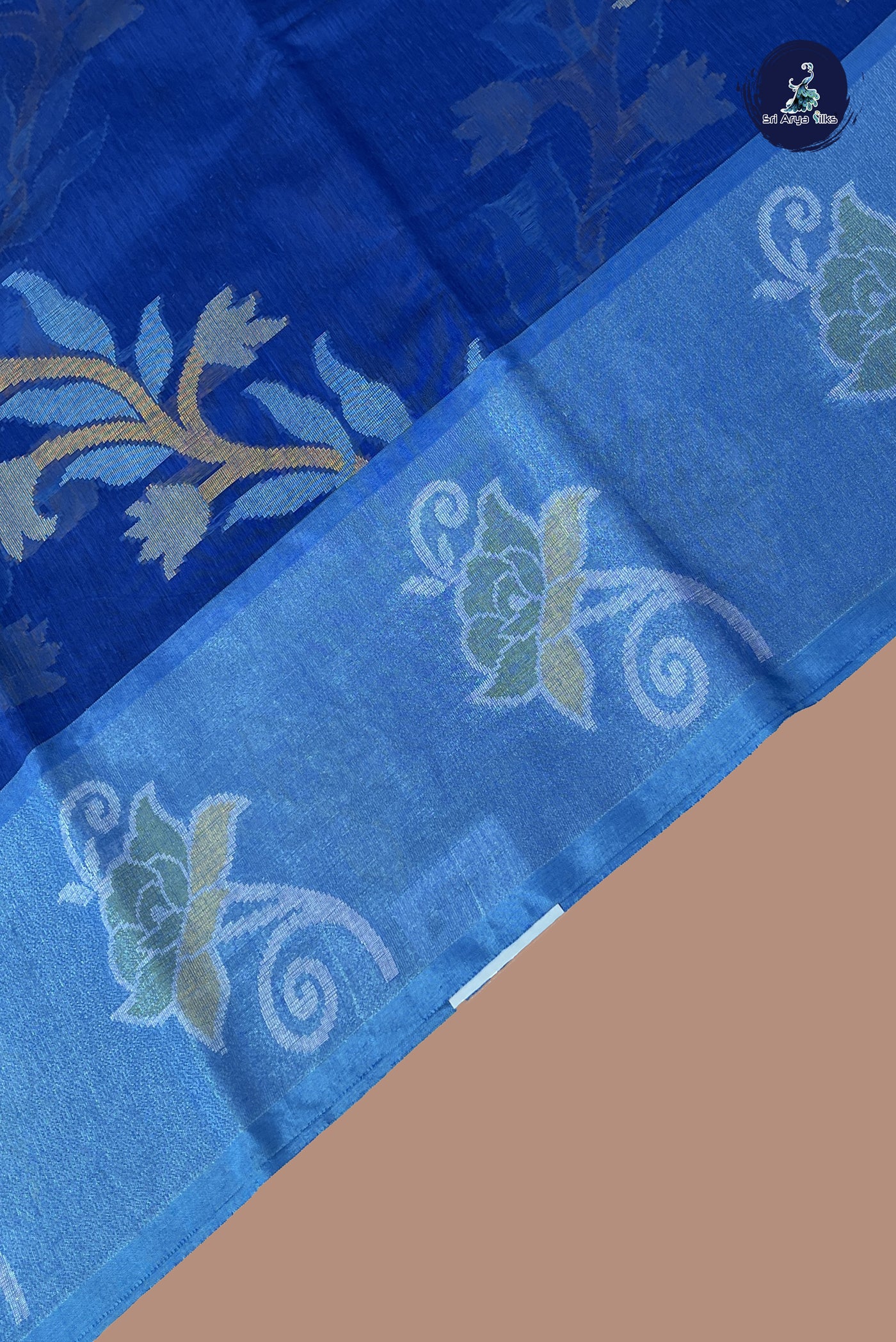Dark Blue Cotton Saree With Ikat Pattern